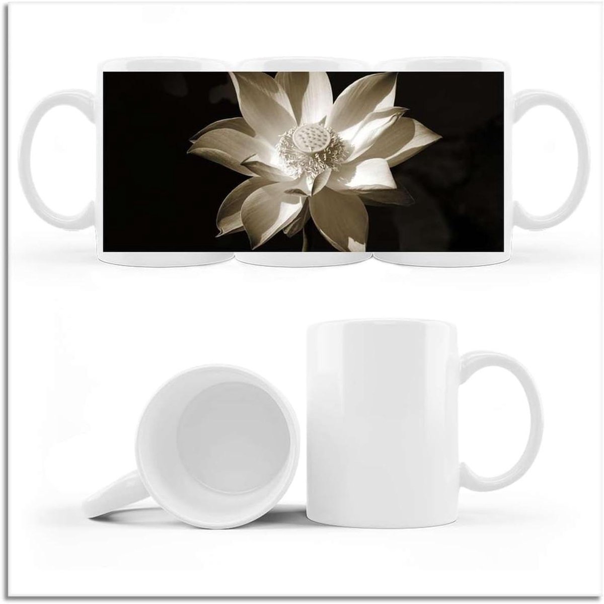 Koffie Thee Mok - Cup met Foto - Drinken uit Mok - Lotus Bloem Print - 330 ml - Wit