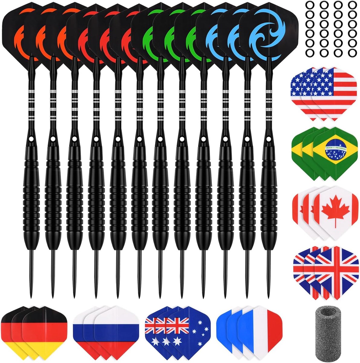 SnelShoppen - 12 Stuks Professionele Stalen Darts Set 23g met Aluminium Schacht, Stalen Punt, 36 Vleugels, 24 Anti-Losse Rubber Ringen, Dartpijlen voo