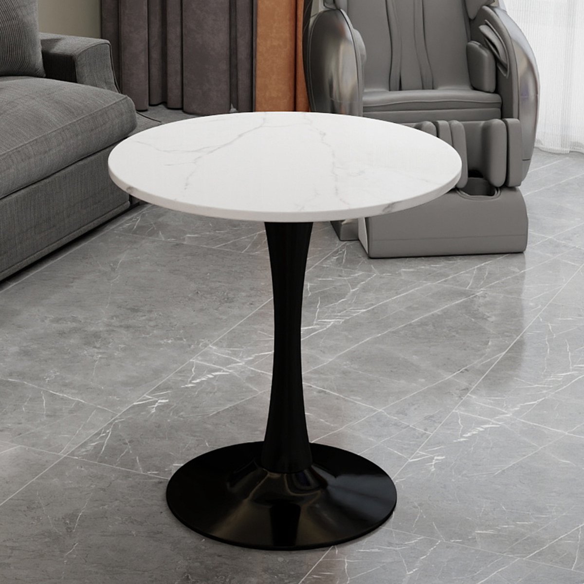 KOMHTOM - Ronde Salontafel en Eettafel - Mid-Century Modern Stijl - 27,6 Inch - Rond Marmeren Tafelblad met Witte Aders - Zwart - Geschikt voor 2-4 Personen