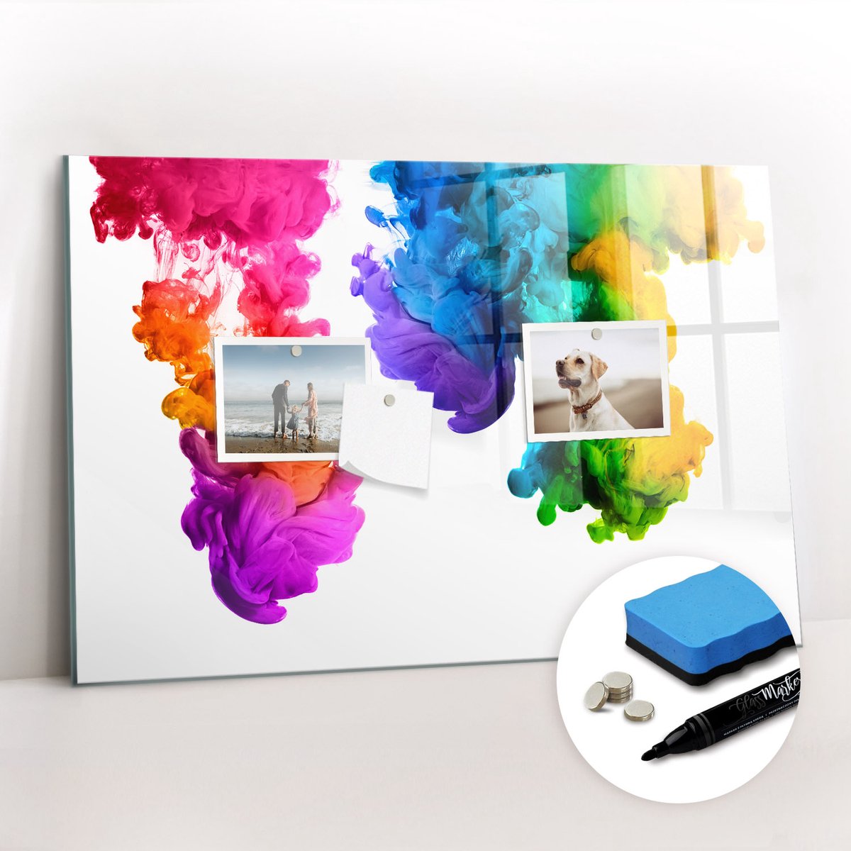 Tulup Whitebord - Een regenboog aan kleuren - 60 x 40 cm - Veelkleurig Memobord Glas - Gratis 5 Sterke Magneten + Whiteboard Marker & Wisser - Moderne Wanddecoratie - Magnet Board - Notitiebord Werkplek