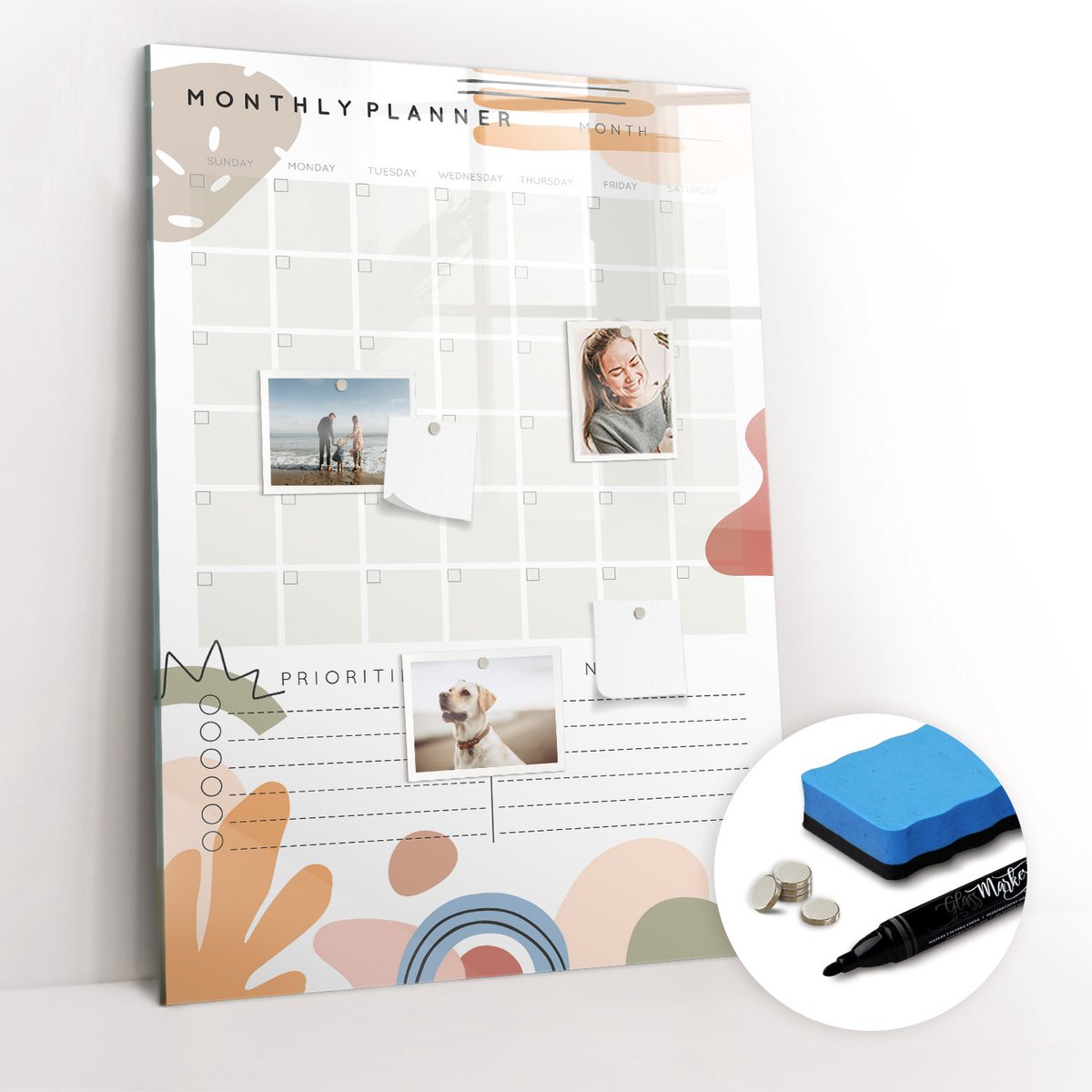 Tulup Whitebord - Algemene maandplanner - 70 x 100 cm - Bruin Memobord Glas - Gratis 5 Sterke Magneten + Whiteboard Marker & Wisser - Moderne Wanddecoratie - Magnetic Board - Organiseer Je Bureau