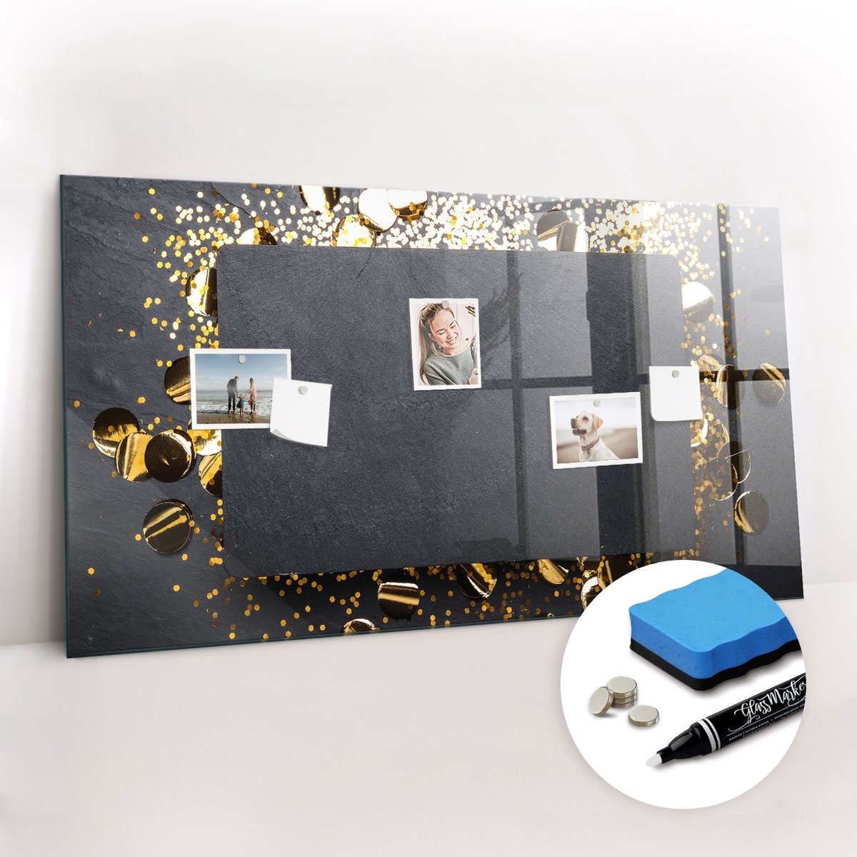 Tulup Whitebord - Gouden confetti - 120 x 60 cm - Veelkleurig Memo Magneetbord - Gratis 5 Sterke Magneten + Whiteboard Marker & Wisser - Design Memobord - Magneetbord Design - Inspiratiebord Kantoor