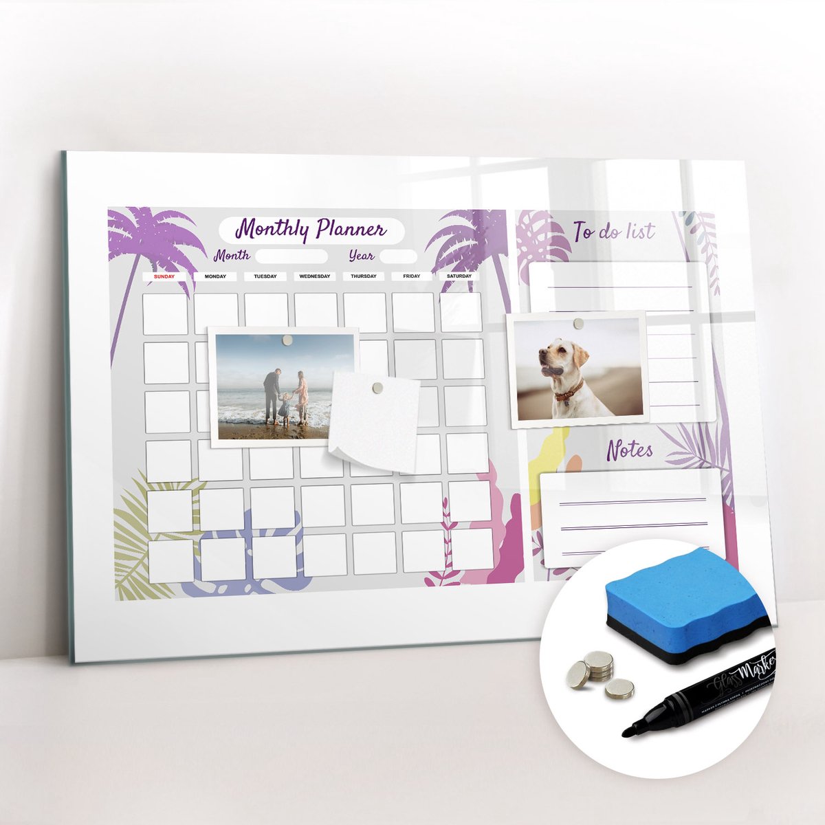 Tulup Whitebord - Maandplanner voor het gezin - 60 x 40 cm - Paars Magnetisch Bord Kind - Gratis 5 Sterke Magneten + Whiteboard Marker & Wisser - Stylish Memo Board - Magnetisch Bord Kind - Organiseer Je Bureau