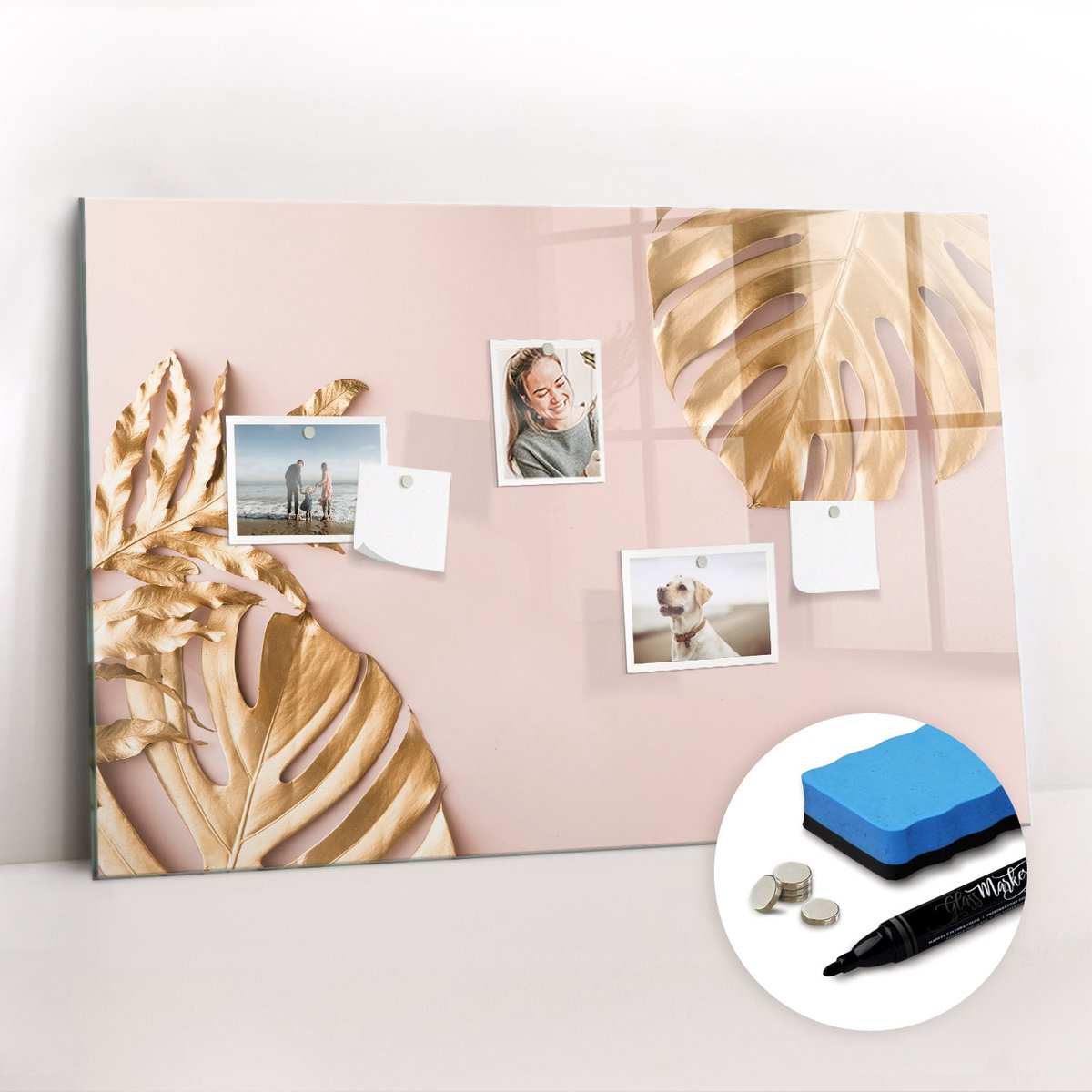 Tulup Whitebord - Gouden tropische bladeren - 90 x 60 cm - Geel Magneetbord Design - Gratis 5 Sterke Magneten + Whiteboard Marker & Wisser - Wanddecoratie Kantoor - Memobord Glas - Inspiratiebord Kantoor