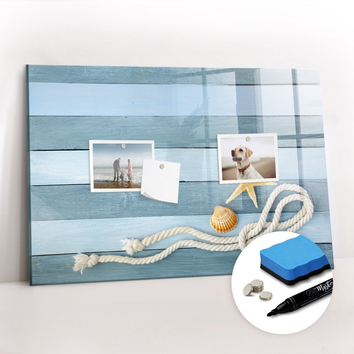 Tulup Whitebord - Schelpen met geschulpte strepen - 60 x 40 cm - Blauw Magneetborden voor vakantiemagneten - Gratis 5 Sterke Magneten + Whiteboard Marker & Wisser - Design Memobord - Magnetic Board - Inspiratiebord Kantoor