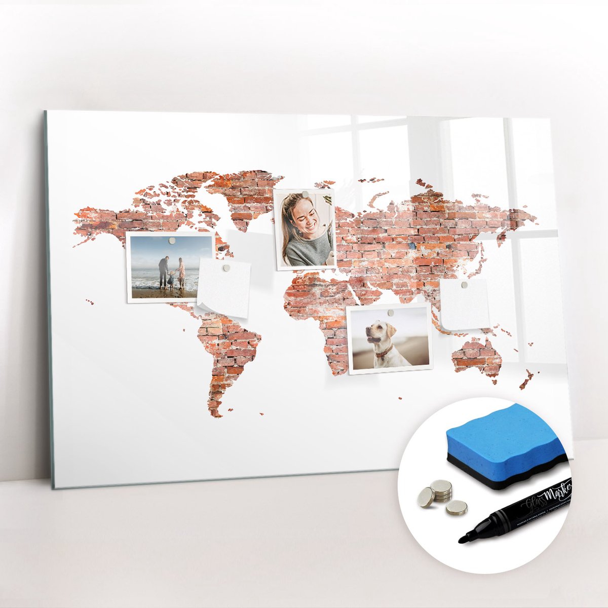 Tulup Whitebord - Oude bakstenen kaart - 90 x 60 cm - Bruin Magneetbord Design - Gratis 5 Sterke Magneten + Whiteboard Marker & Wisser - Scandinavisch Design Bord - Magneetbord Rechthoekig - Notitiebord Werkplek