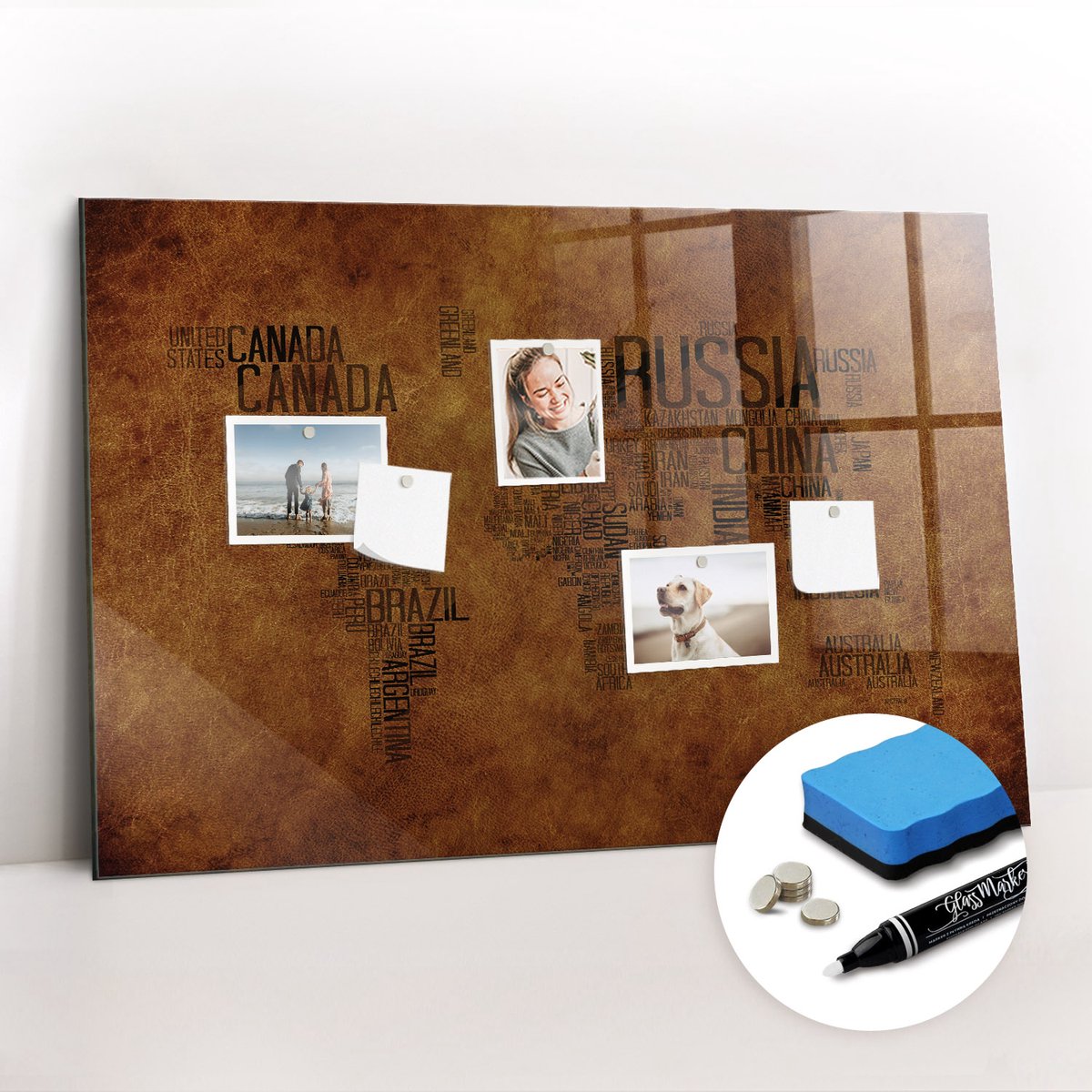 Tulup Whitebord - Kaart met landnamen - 90 x 60 cm - Bruin Foto Magneetbord - Gratis 5 Sterke Magneten + Whiteboard Marker & Wisser - Scandinavisch Design Bord - Memobord Magnetisch - Notitiebord Werkplek