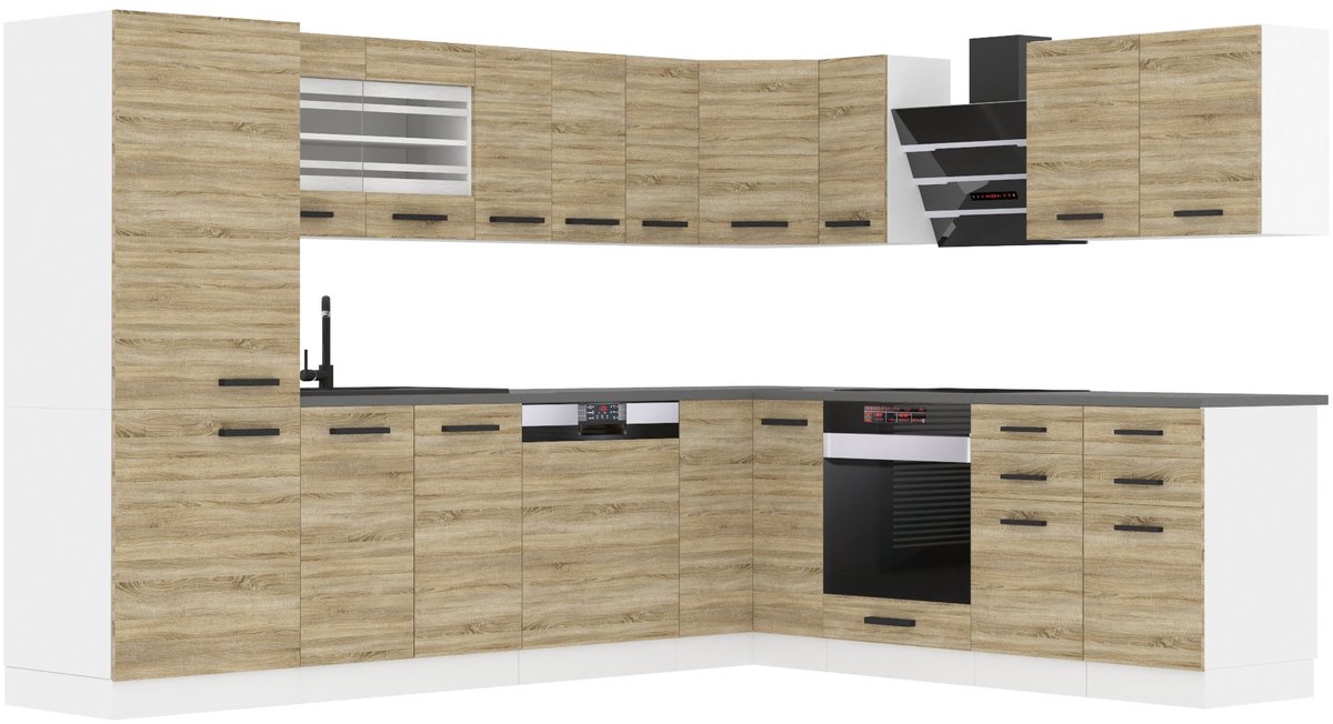 BELINI L-Vorm Keukenblok JULIE - Keukenmeubel Set 460 cm Sonoma Eiken met Werkbladen - Boven- en Onderkasten