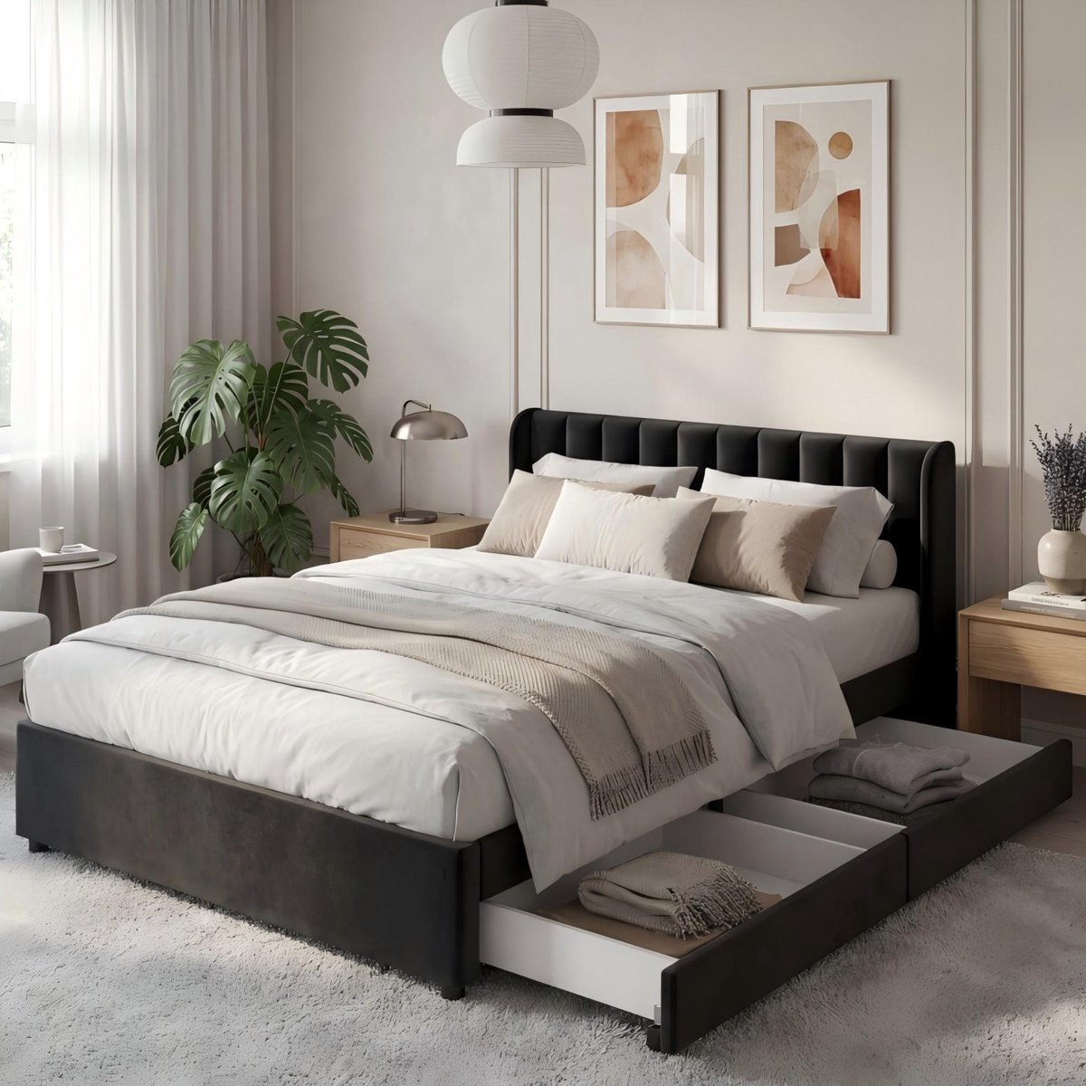Velvet Bed 140x200 cm - Gestoffeerd Bed Met Opbergladen, Lattenbodem En Hoofdbord Zwart