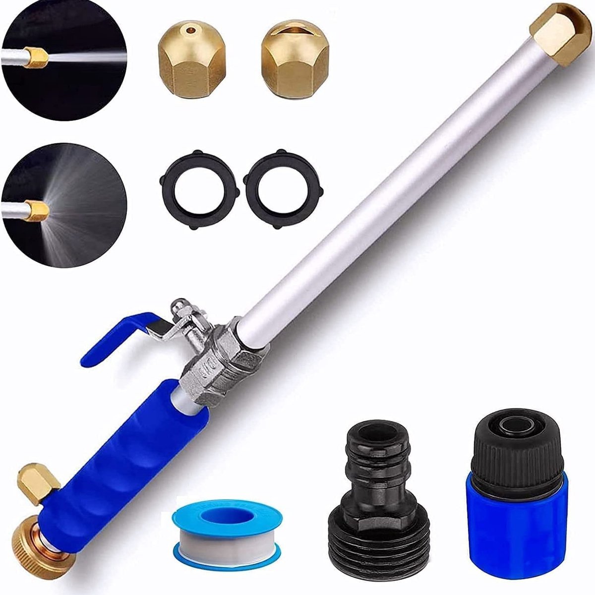 Hogedrukspuit voor autowassen - Hogedrukspuit voor spoelen - 2-in-1 hogedrukreinigingspistool - Tuinreinigingsgereedschap - Geschikt voor autowassen, tuin en terras - Blauw - 43 cm hogedrukspuit