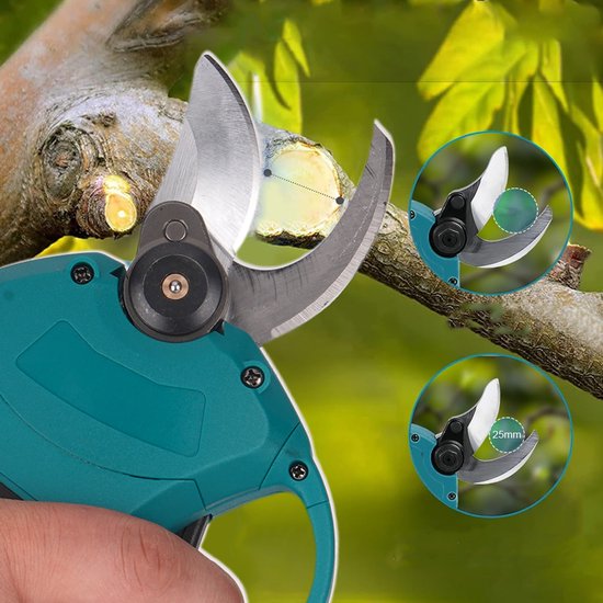 Draadloze Elektrische Snoeischaar Met Borstelloze Motor En Gebogen Blad - Veiligheidsstart 1300 mAh Lithiumbatterij 25 mm Takkenkniplengte Ergonomisch - Blauw — afbeelding 4