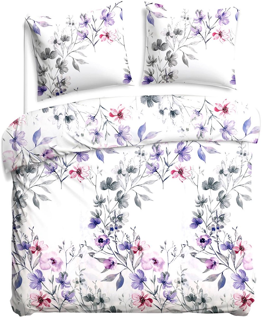 Darymex Satynlove Dekbedovertrek 180x200 cm - Paars / Grijs - Rozen & Bloemenboeket - 100% Katoen-Satijn (120 g/m²) - Tweepersoons - Met Ritssluiting - OEKO-TEX® - Met 2 Kussenslopen 70x80 cm