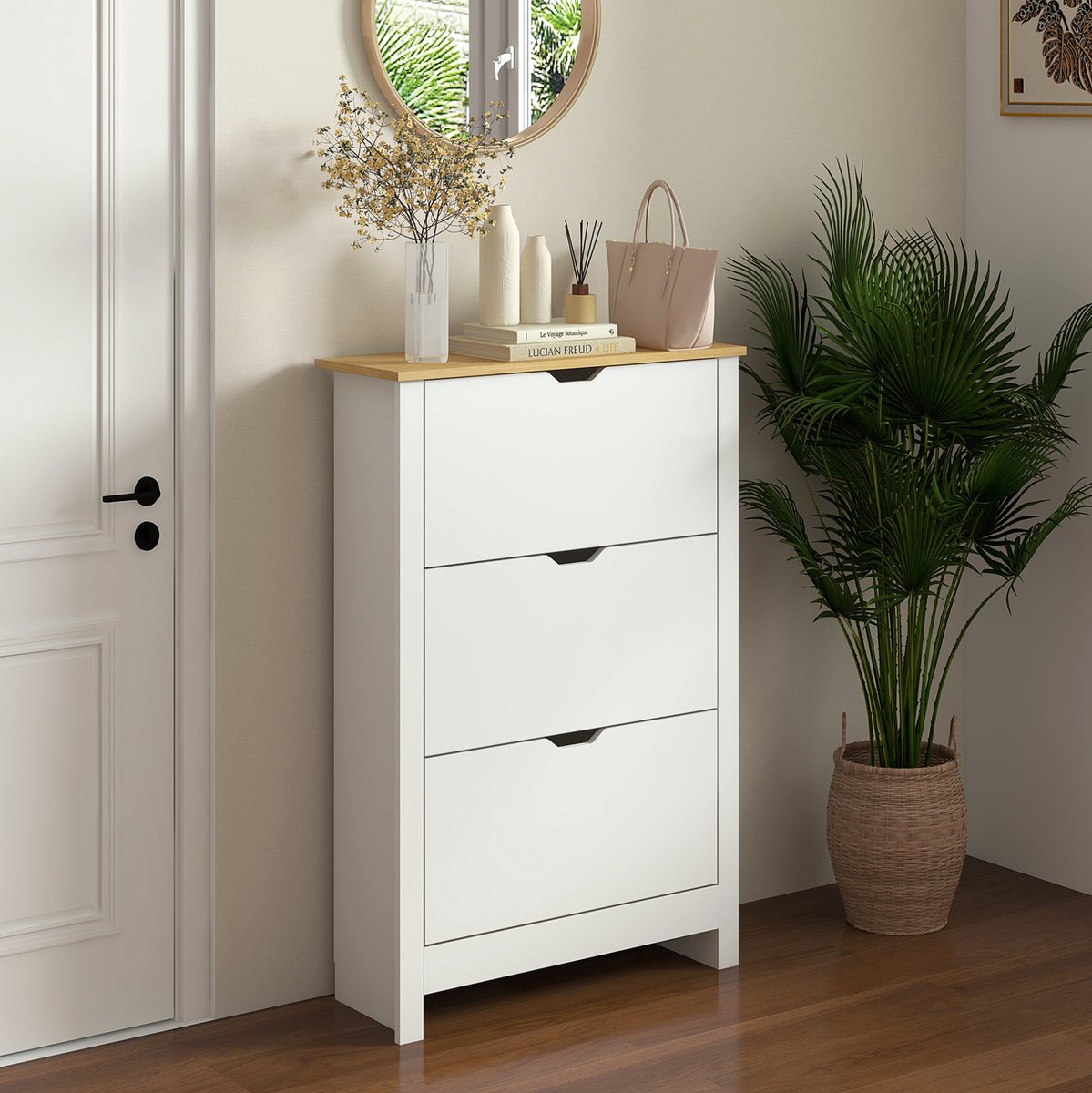 COVREO Schoenenkast 72x26x112 cm wit en naturel, spaanplaat 3 kleppen