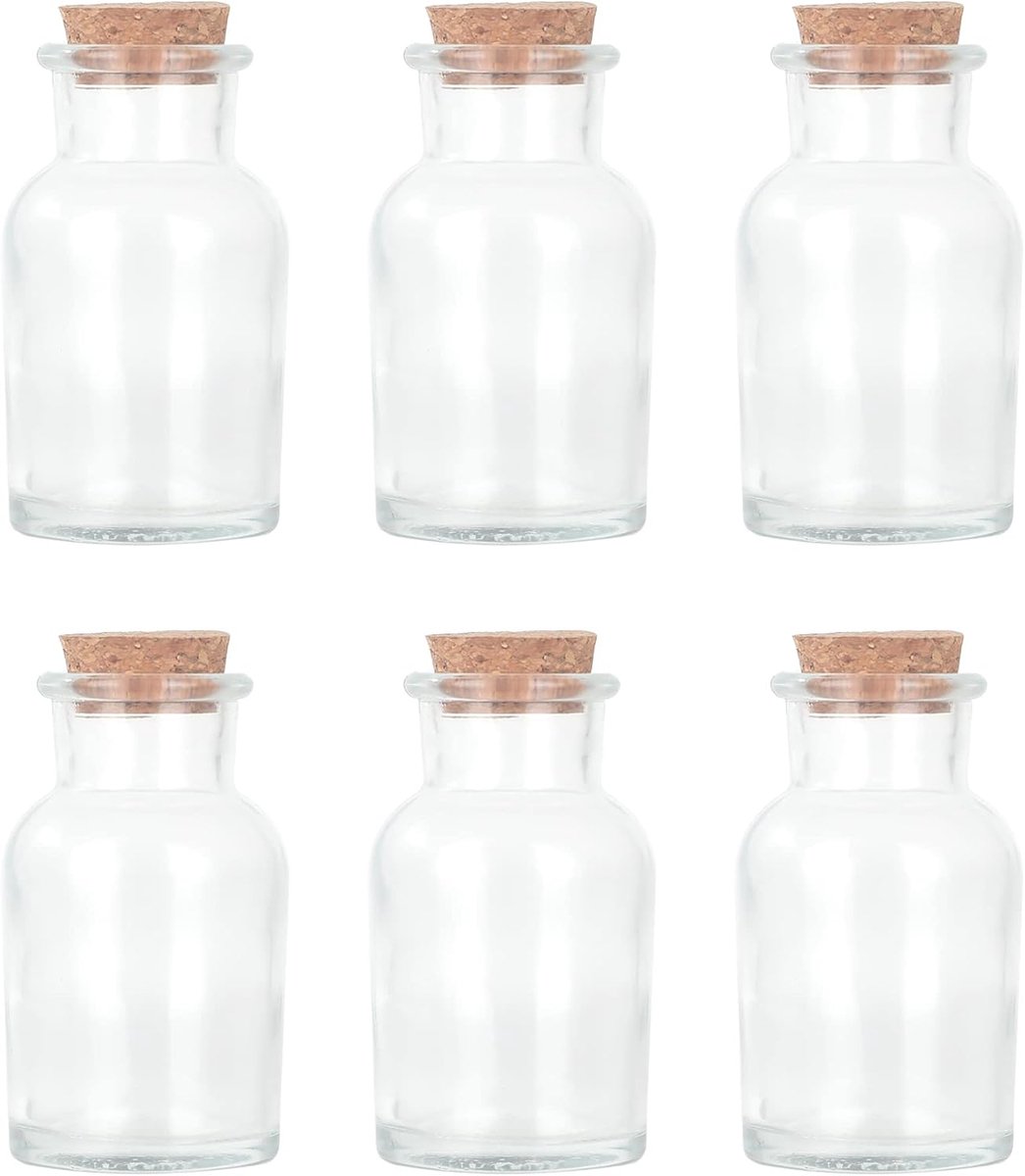 SnelShoppen - Decoratieve Ronde Glazen Flessen met Kurken Stopper (6 stuks, 60 ml) voor Feesten, Tuin, Keuken en Creatieve Projecten