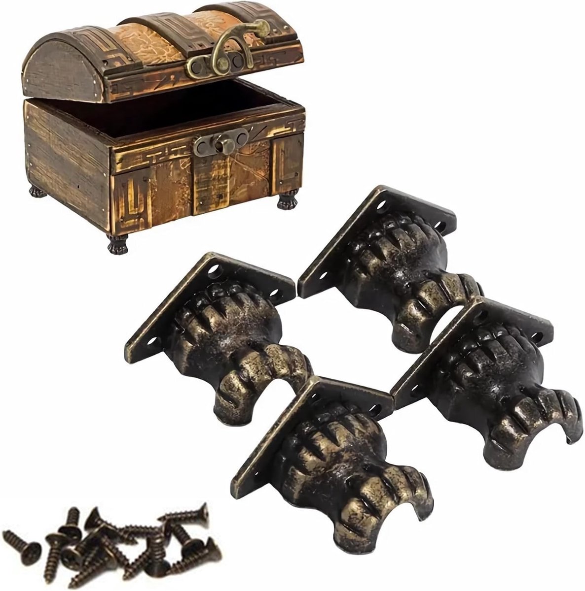 SnelShoppen - 4 Stuks Antieke Messing Sieraden Kist Houten Doos Decoratieve Voeten Retro Doos Poten Hoekbeschermers met Schroeven