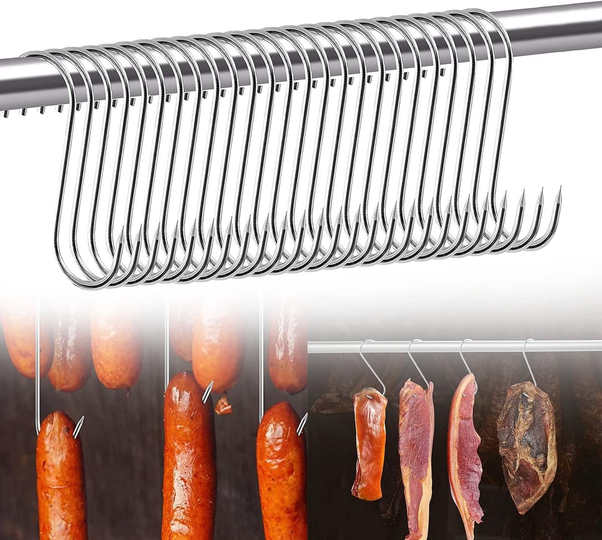 SnelShoppen - 25 Stuks S Haak RVS, Keuken Haak voor Vlees, Rook Haak, Sausage Hook, Sterke Ondersteuning tot 20kg, Ideaal voor Keuken, Badkamer en Vle