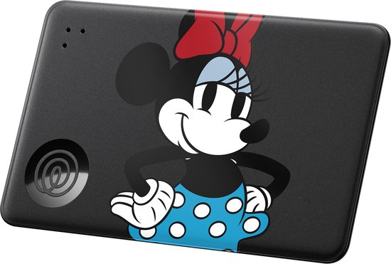 Een zwarte, platte Tile tracker met Minnie Mouse.