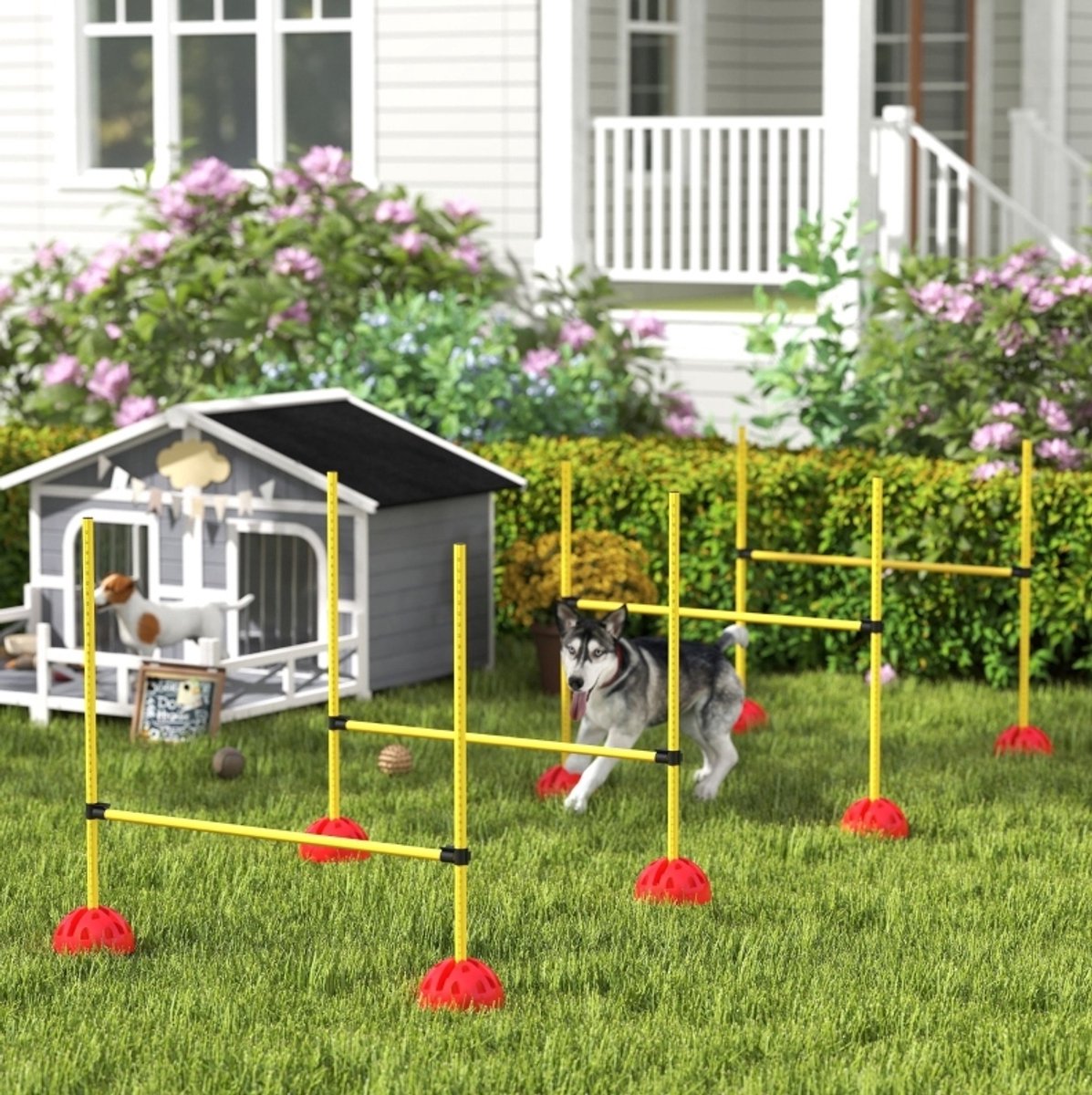 REDOM - Honden agility set - 4 horden - verstelbare hoogte - draagtas - kunststof - geel - 124 x 19,5 x 103 cm