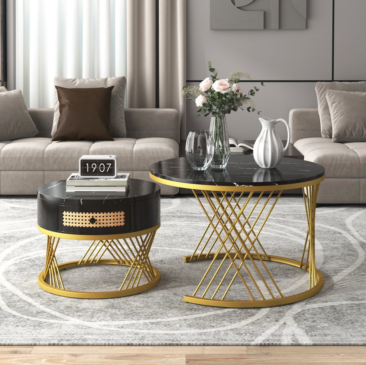 COVREO Salontafel set 70x70 cm zwart, MDF en metaal met lade