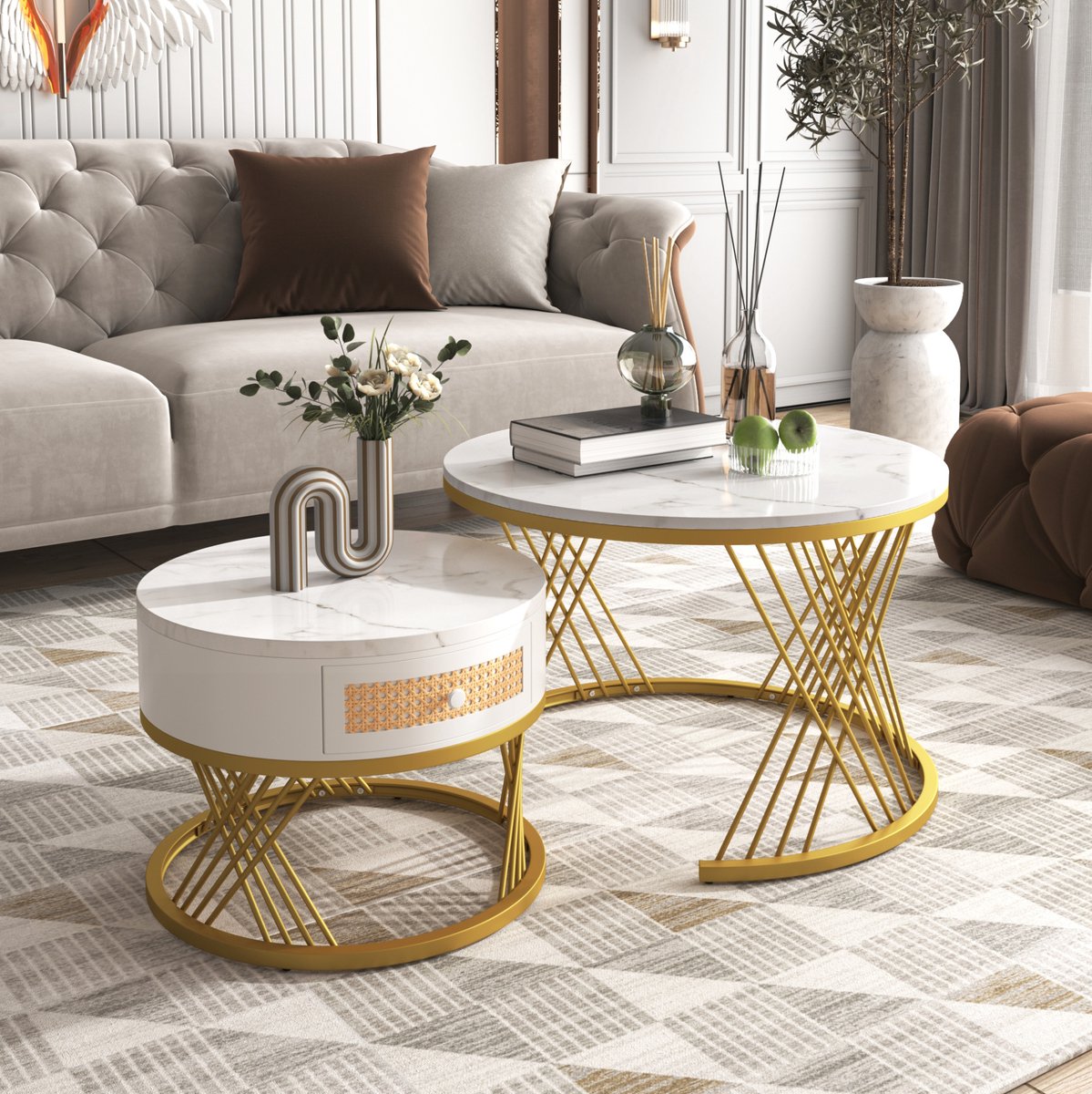 COVREO Salontafel set van 2, 70x70 cm wit en goud, MDF met lade