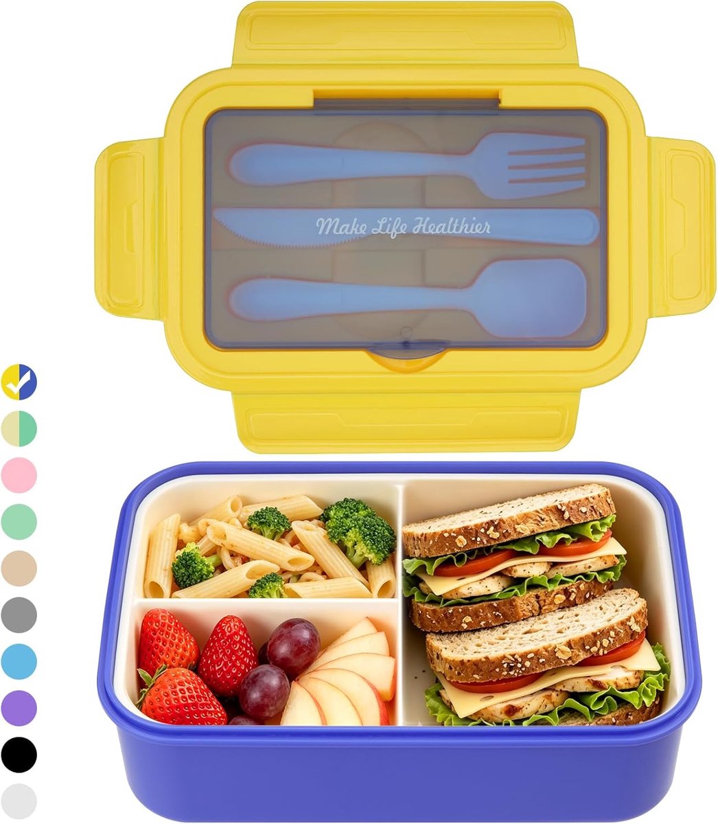 SnelShoppen - Grote Lunch Box 1400ml - Lekvrije Bento Box voor Volwassenen en Kinderen - 3 Compartimenten met Bestek - Magnetronbestendig voor School,