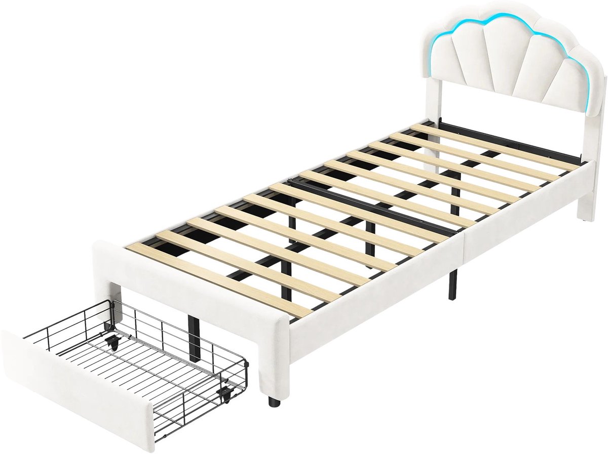 Happiq Gestoffeerd Eenpersoonsbed - Wit, Fluweel en Hout Metaal 90 x 200 Cm - Bed met Opbergruimte en Lattenbodem, Compleet Bedframe White