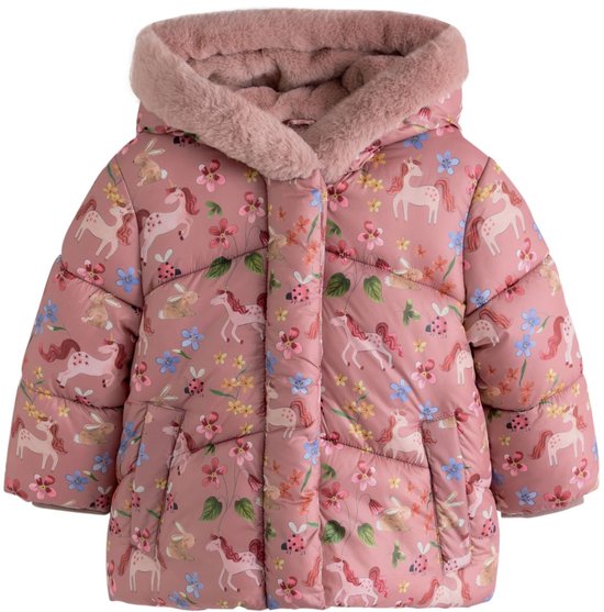 Roze gewatteerde jas voor kinderen met eenhoorn-, bloemen- en konijnenprint en capuchon met imitatiebont.