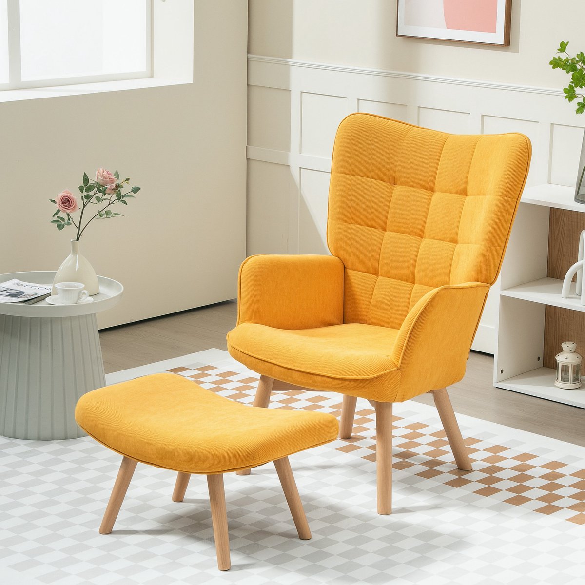 COVREO Fauteuil 72x80x101 cm oranje, stof met hocker en houten poten