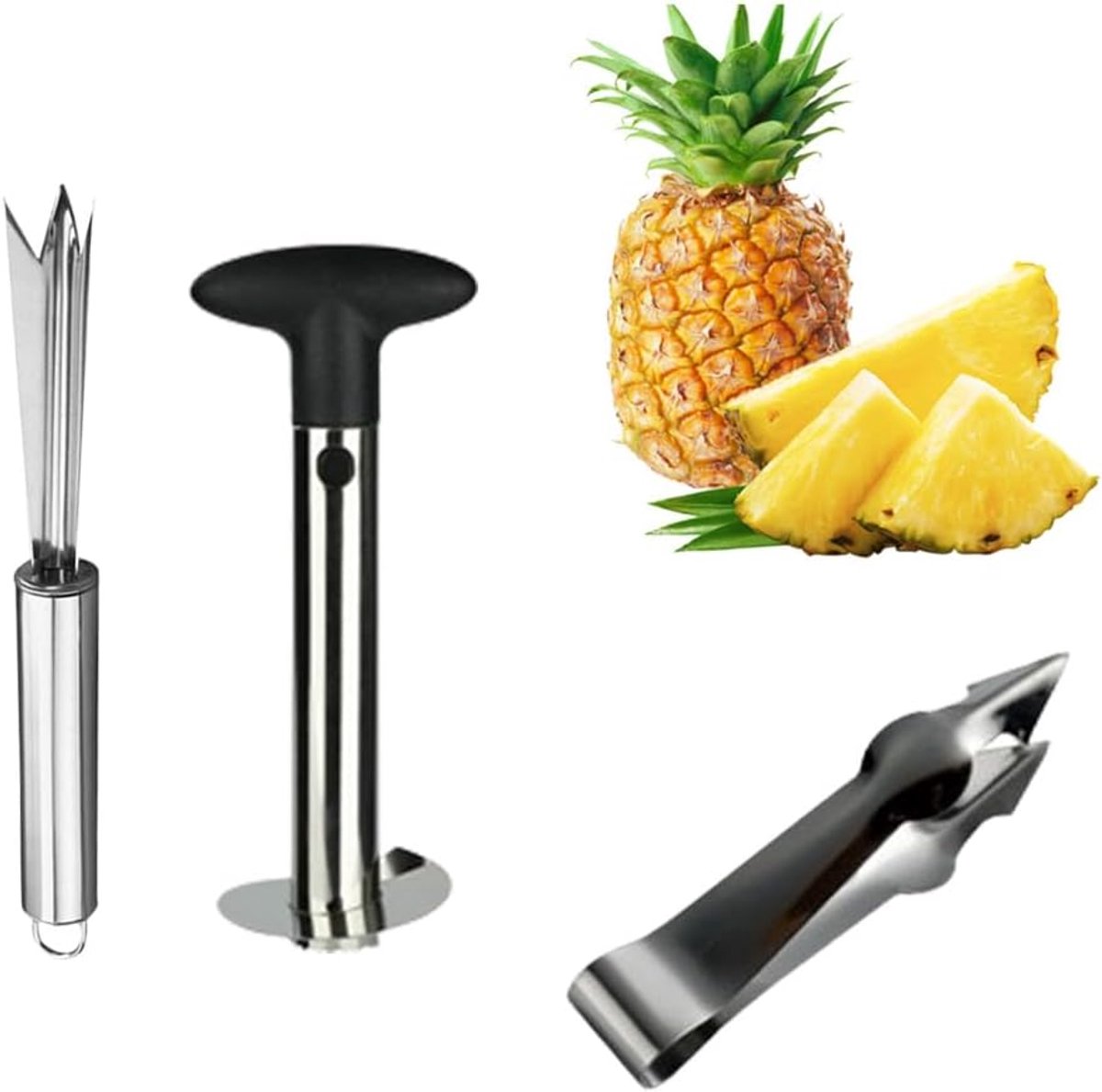 SnelShoppen - 3-delige ananascutter set, ananas snijder, ananas schilgereedschap en kernverwijderaar, ideaal voor aardbeienstelen, tomatenstelen en an