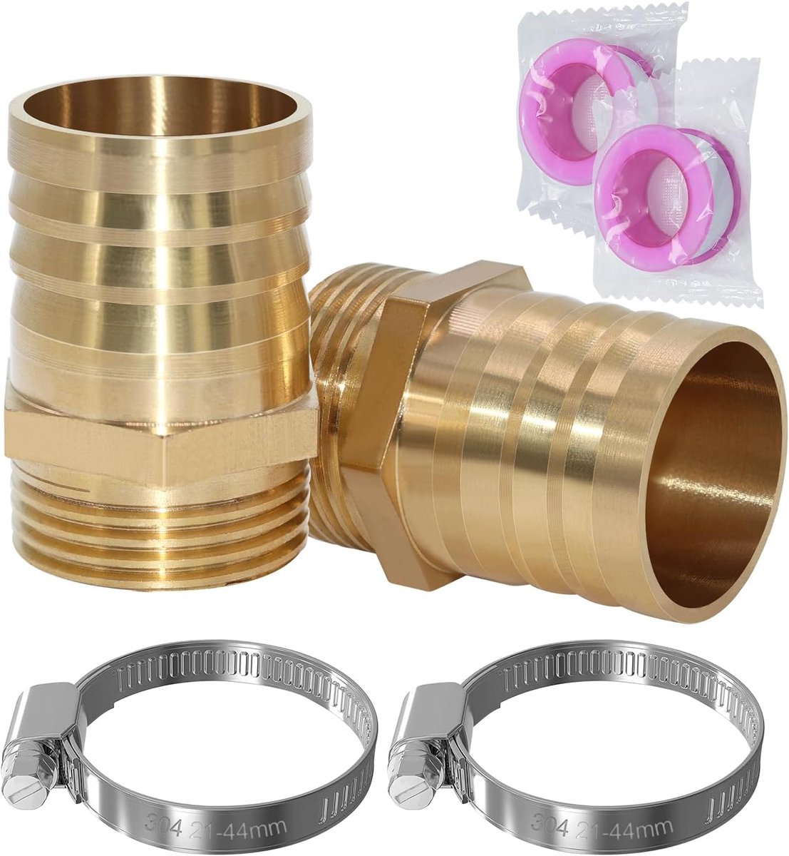 SnelShoppen - 2 stuks tuinslang uitloop 1 inch AG messing slangschroefverbinding 32mm (1 1/4") uitloop slangverbinding met 2 slangklemmen en 2 Teflon