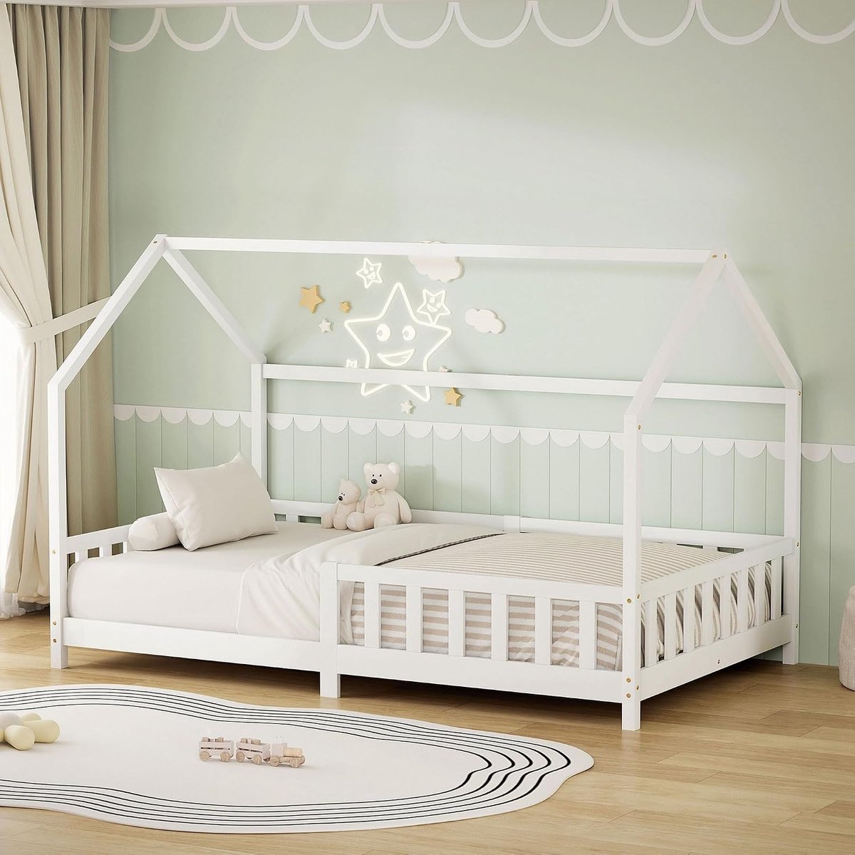 SnelShoppen - Kinderen Bed 120x200 cm met Valbeveiliging Montessori Huis Bed voor Jongens en Meisjes, Lamelbodem, Decoratieve Kap, Massief Vuren Wit,