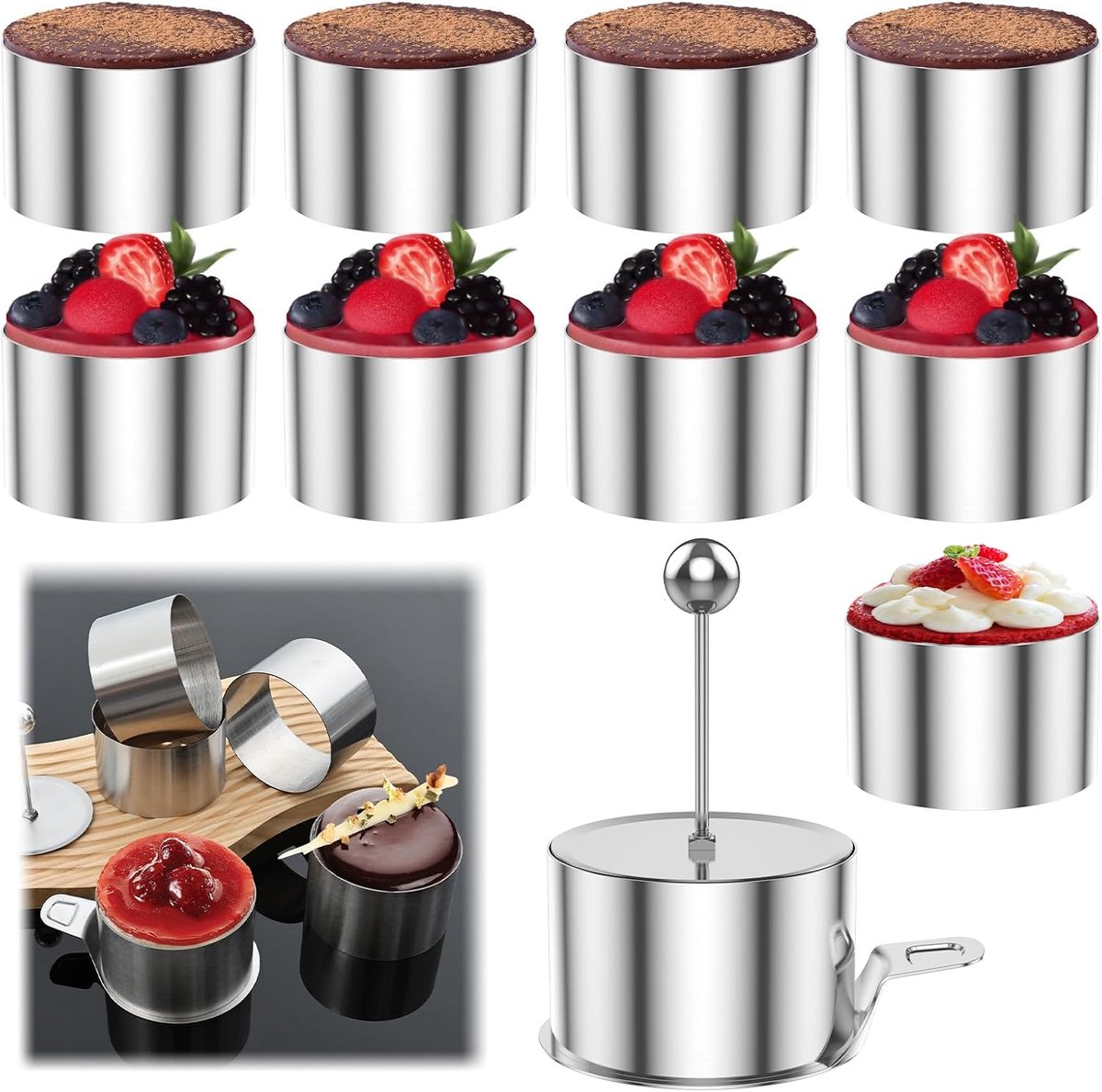 10-delige dessertringen, 8 cm, mousse vorm, serveerringen, roestvrij staal, ronde dinerringen met lifter en stamper, tataarvormen, aanrichterringen, bakringen voor mousse, dessert, cheesecake