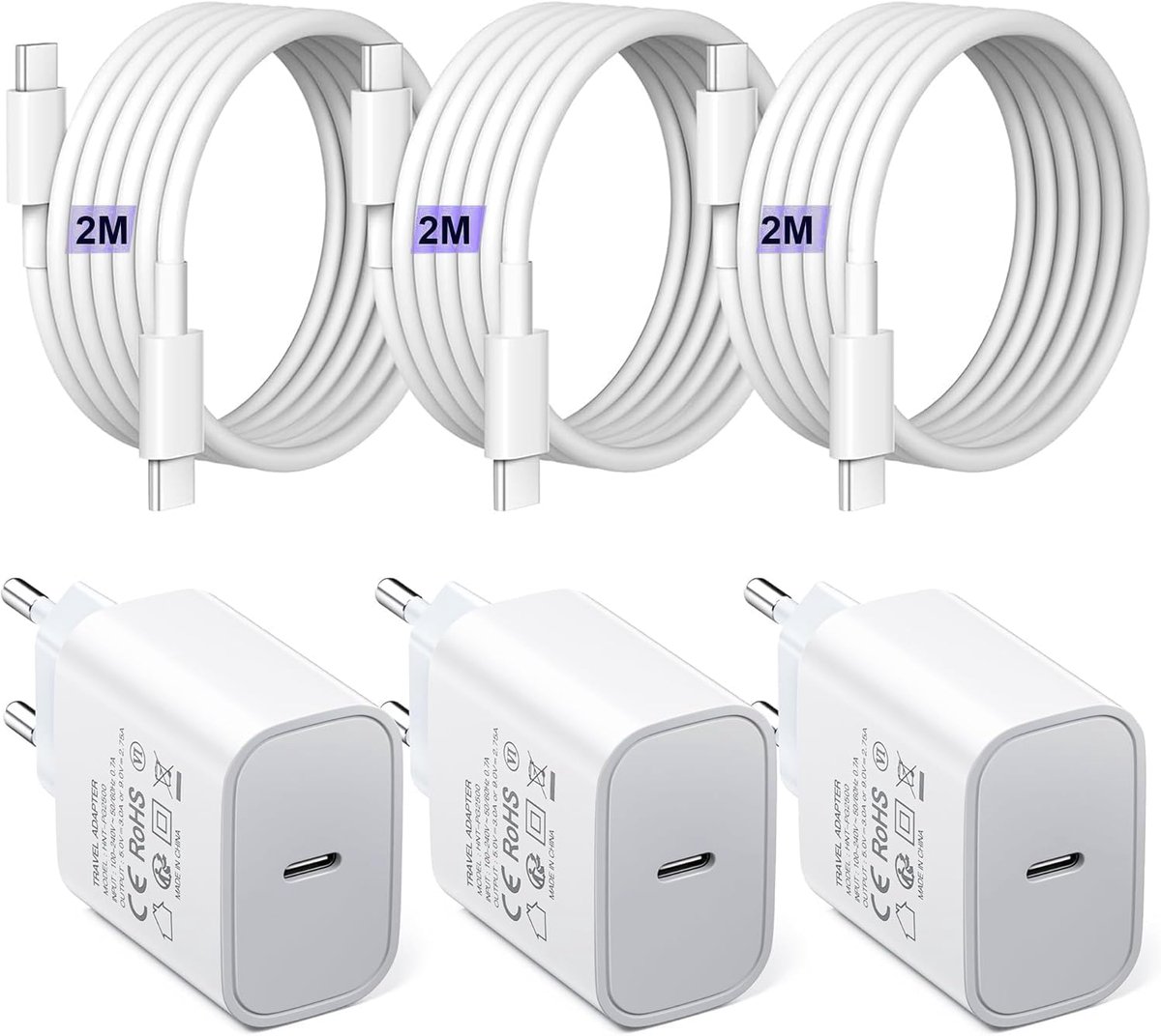 3-pack USB C 25W lader, snelle lader PD3.0 USB C plug mobiele telefoon macht muurlader Compatibel met iPhone 15/13/12/11 Pro/15 Pro Max/Galaxy/S24/S23/S22/S21/cellulaire telefoons