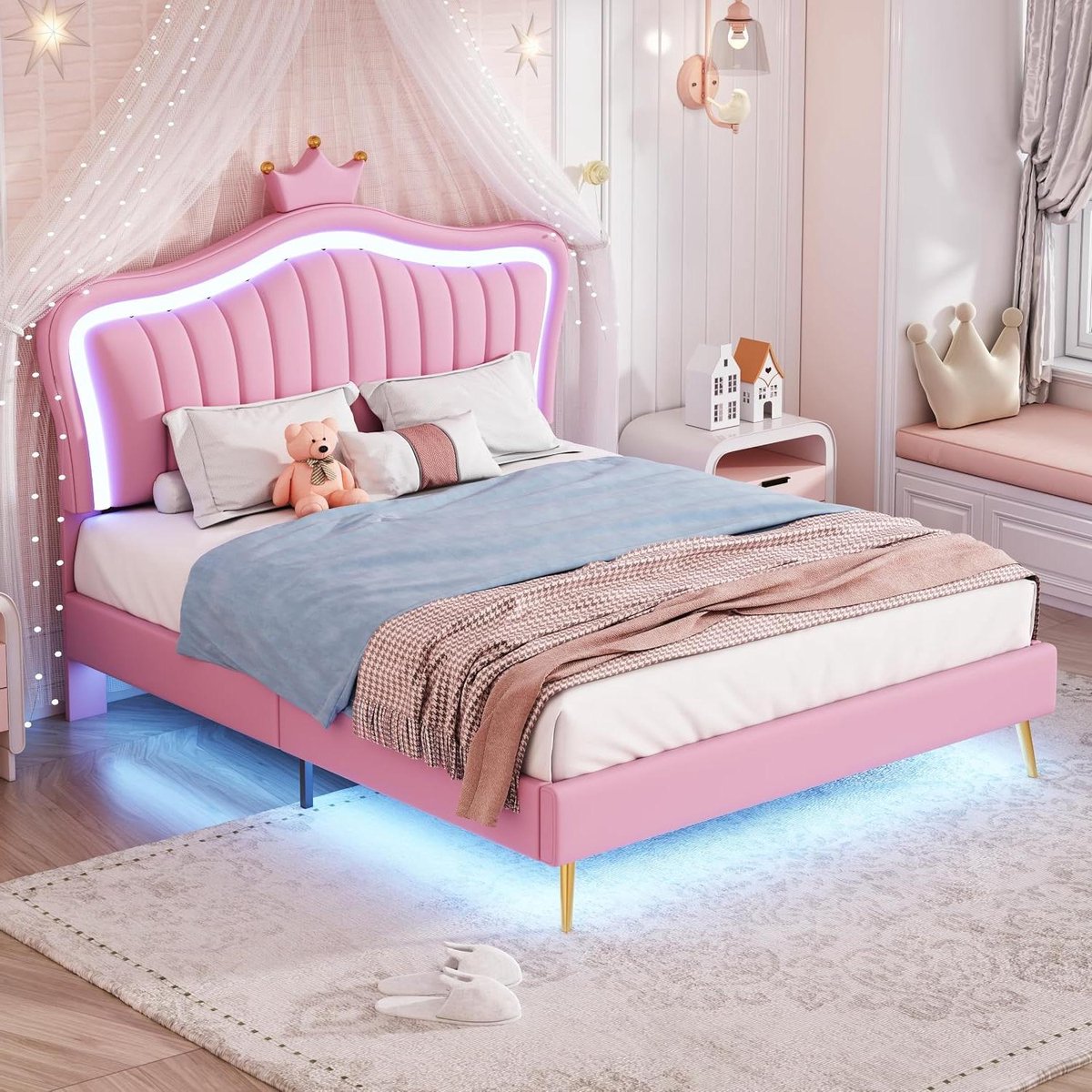 Kinderbed Gestoffeerd - Bedframe Meisjes - Slaapkamer Inrichten - Uniek Schelp Design - 140 x 200 cm - Wit Roze