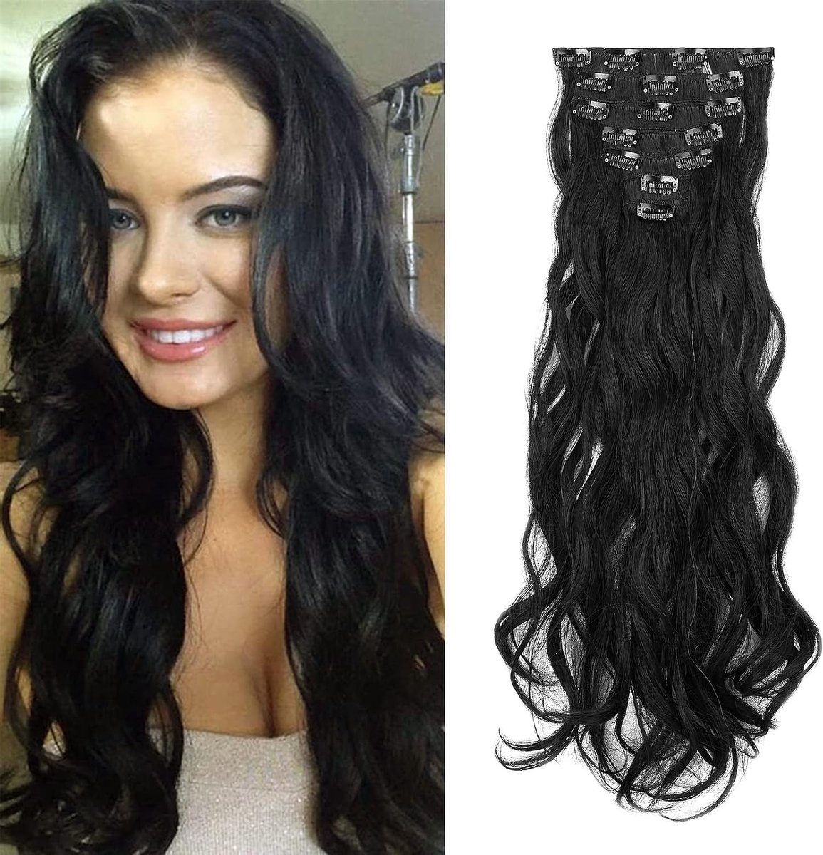 Clip in Extensies Haaruitbreiding 7 Stuks Synthetisch Haar Stuks Haaruitbreidingen Clips 50cm krullend golvend lang synthetisch haar voor vrouwen (zwart)