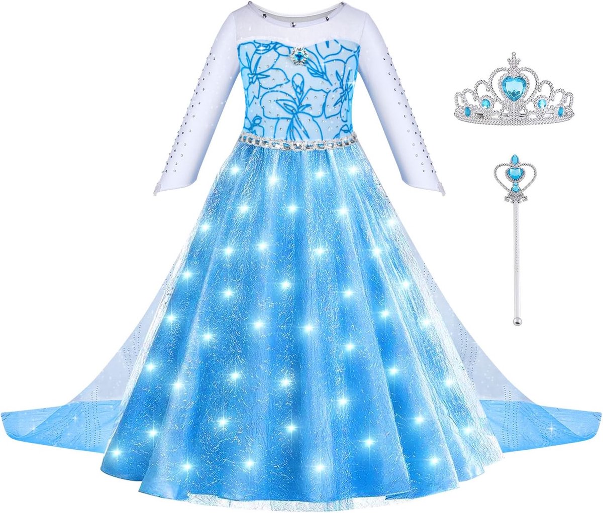 LED-verlichte prinsessenjurk voor meisjes, kinderprinsessenjurk met toverstaf en kroon, prinsessenkostuum voor meisjes voor Kerstmis, Halloween, verjaardag, feest, cosplay