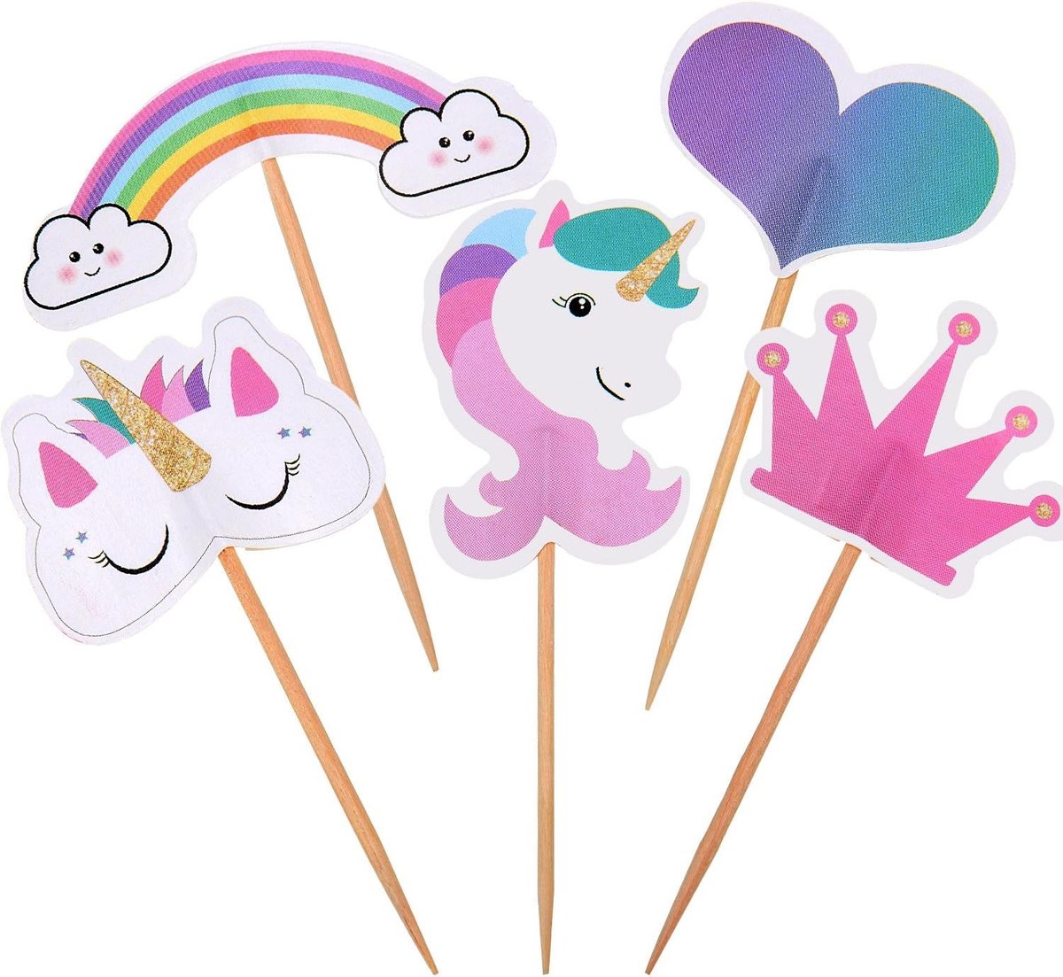SnelShoppen - 48 Stuks Eenhoorn Cupcake Toppers met Regenboog Hart en Kroon - Cake Decoratie voor Kinderfeest, Verjaardag, Thema Party - Natuurlijke B