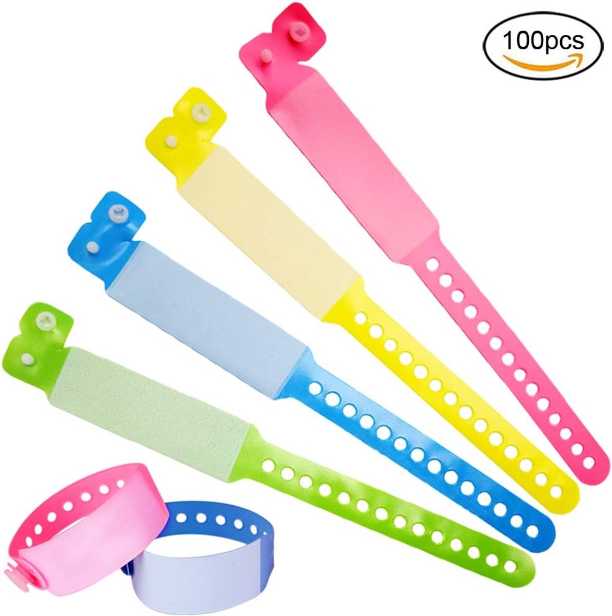 ID-armband voor volwassenen, 100 stuks wegwerp VIP-evenement armbanden PVC-armbanden voor tieners met veiligheidsfunctie (Roze+Geel+Blauw+Groen)