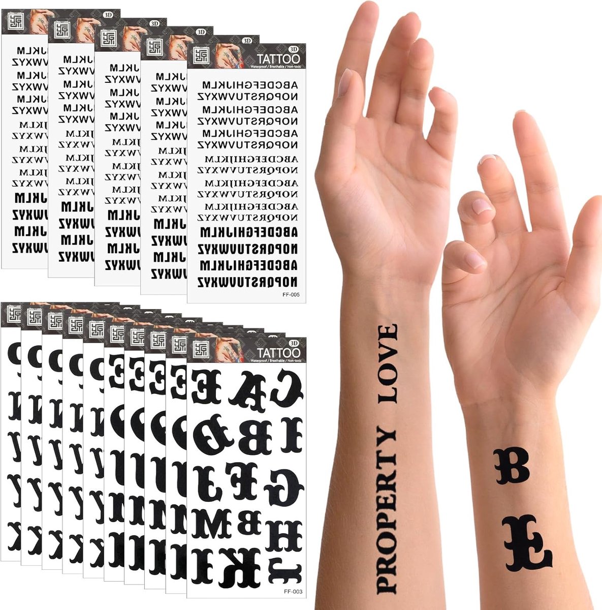 Tijdelijke tatoeages, zelfklevende lettertatoeages stickers 5 verschillende letterstijlen waterdichte zwarte nep-tatoeagestickers DIY-naamtatoeage voor vrouwen en mannen
