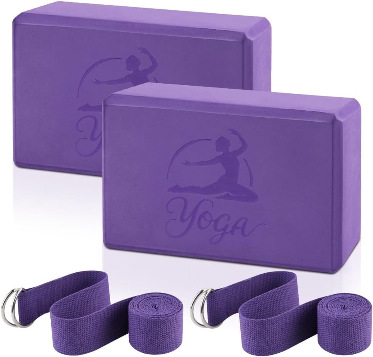 Set van 2 Yoga Blokken en 2 Yoga Straps, Antislip EVA Schuim, Stevige Blokken met 15m Band, Ondersteunende Accessoires voor Pilates en Flexibiliteitstraining