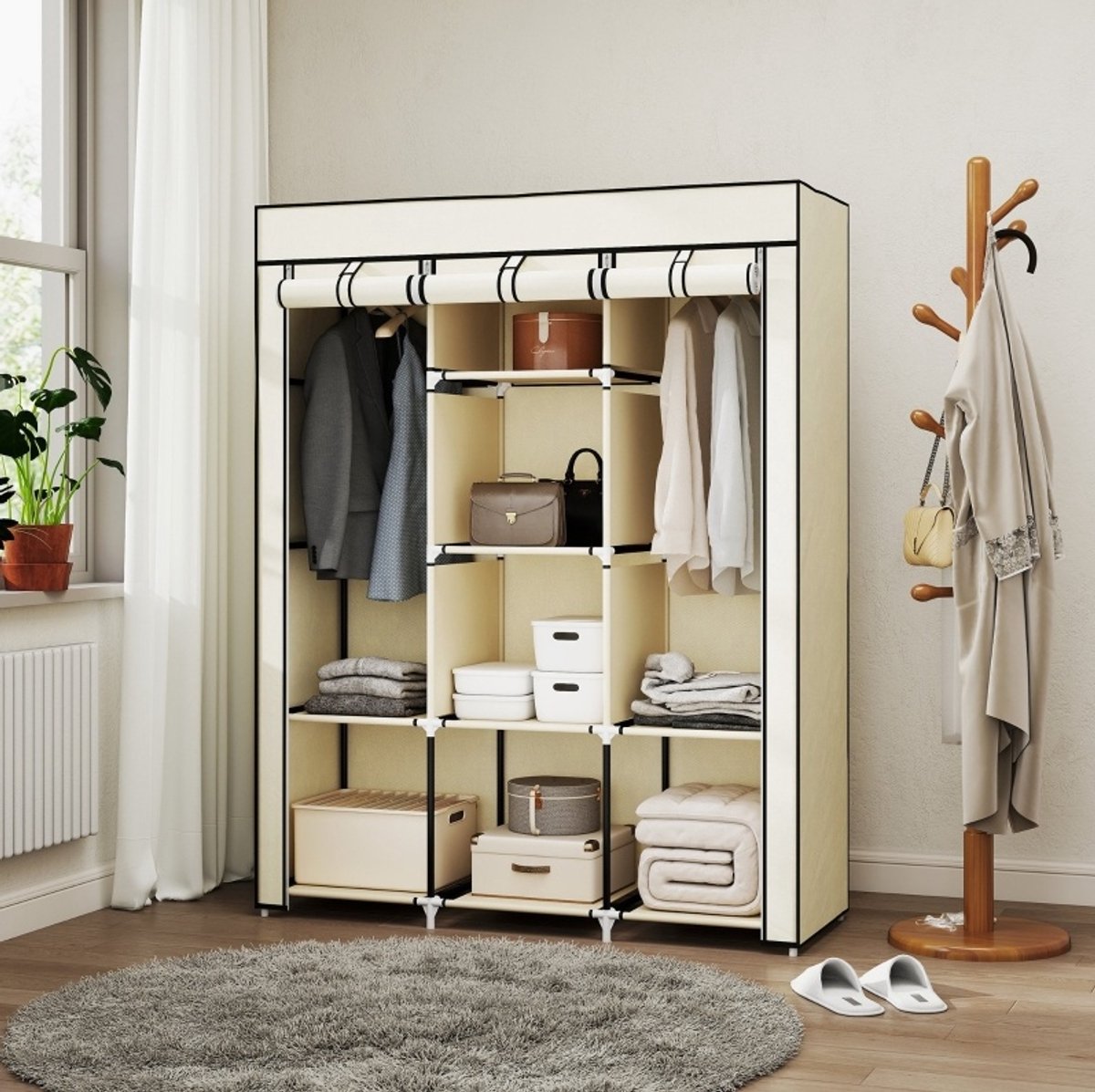 COVREO Kledingkast 103 x 43 x 162,5 cm, cremewit, stof, opvouwbaar Crèmewit