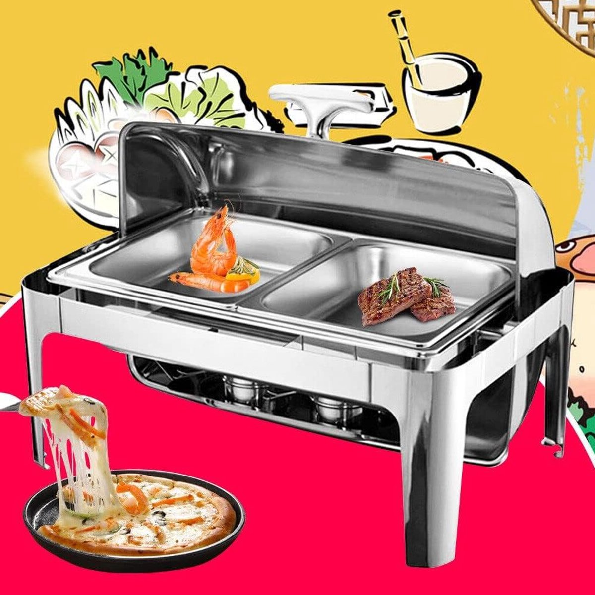 Professionele Chafing Dish - Warmhoudset Buffet - Eten Warm Houden - Roll-Top Deksel - 9 Liter - Zilver