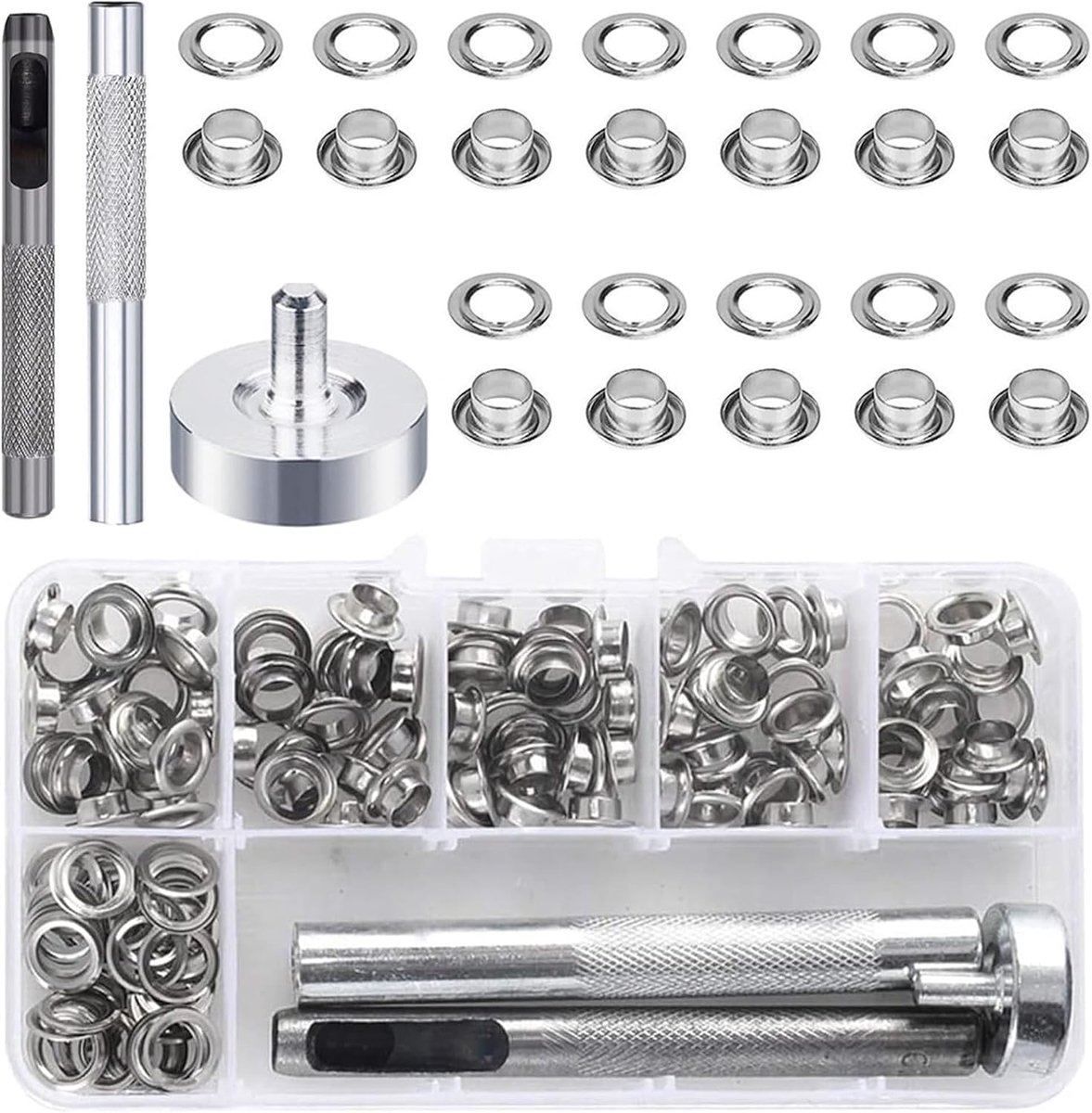 100 Sets Oogtangen Set 4 mm, Oogjes voor Zeildoek Zeilringen Kit met Stempelgereedschap, Metalen Oogjes Set voor Stof Lederen Gordijn Schoenen Cover (Gat Klinknagels)