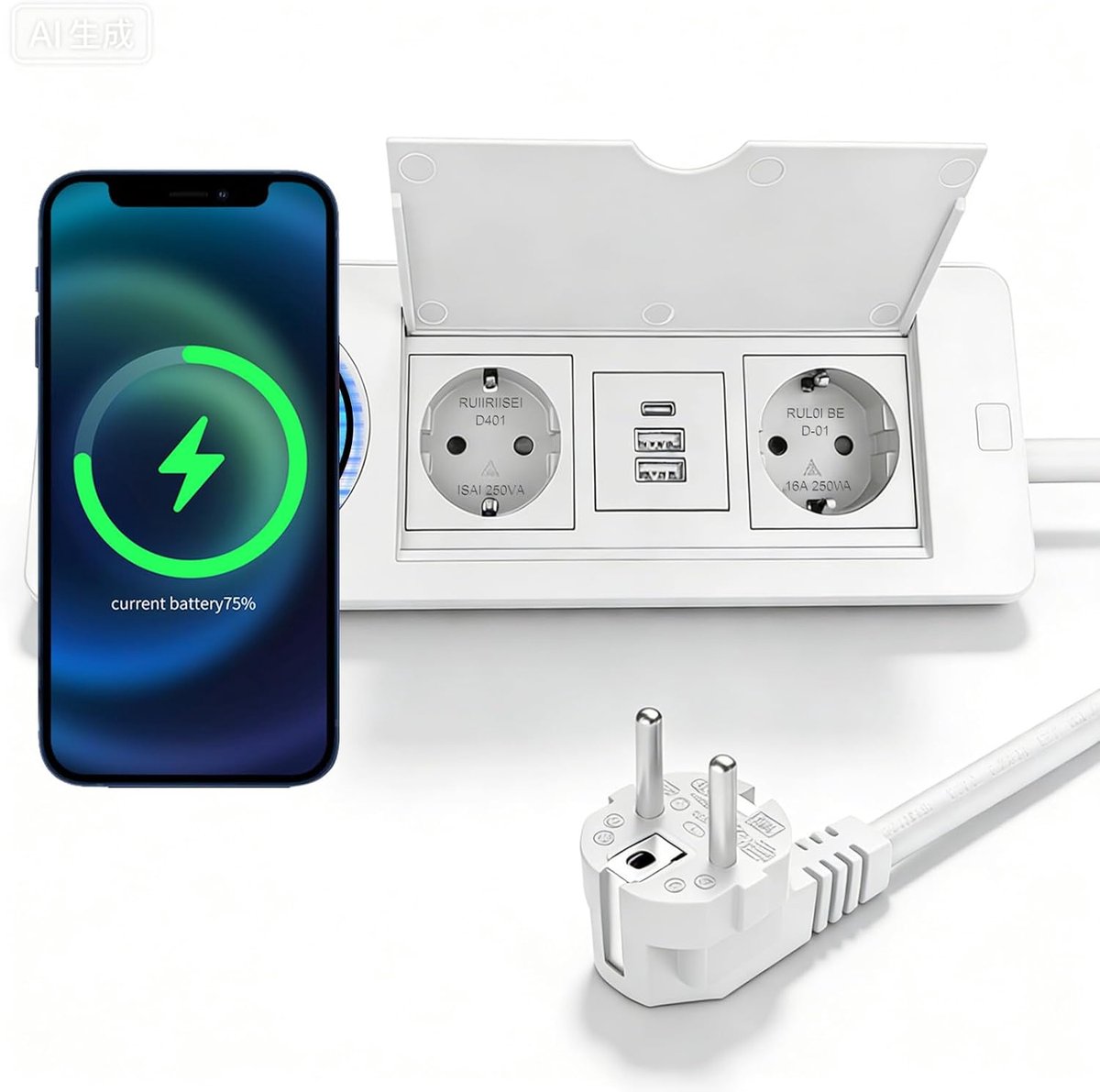 stopcontact USB C PD 20 W en 15 W draadloos opladen, ingebouwde stekkerdoos, 2 compartimenten tafelcontactdoos, ingebouwd stopcontact voor kantoor, bureau, keuken, 1,5 m kabel wit, 1,5 m