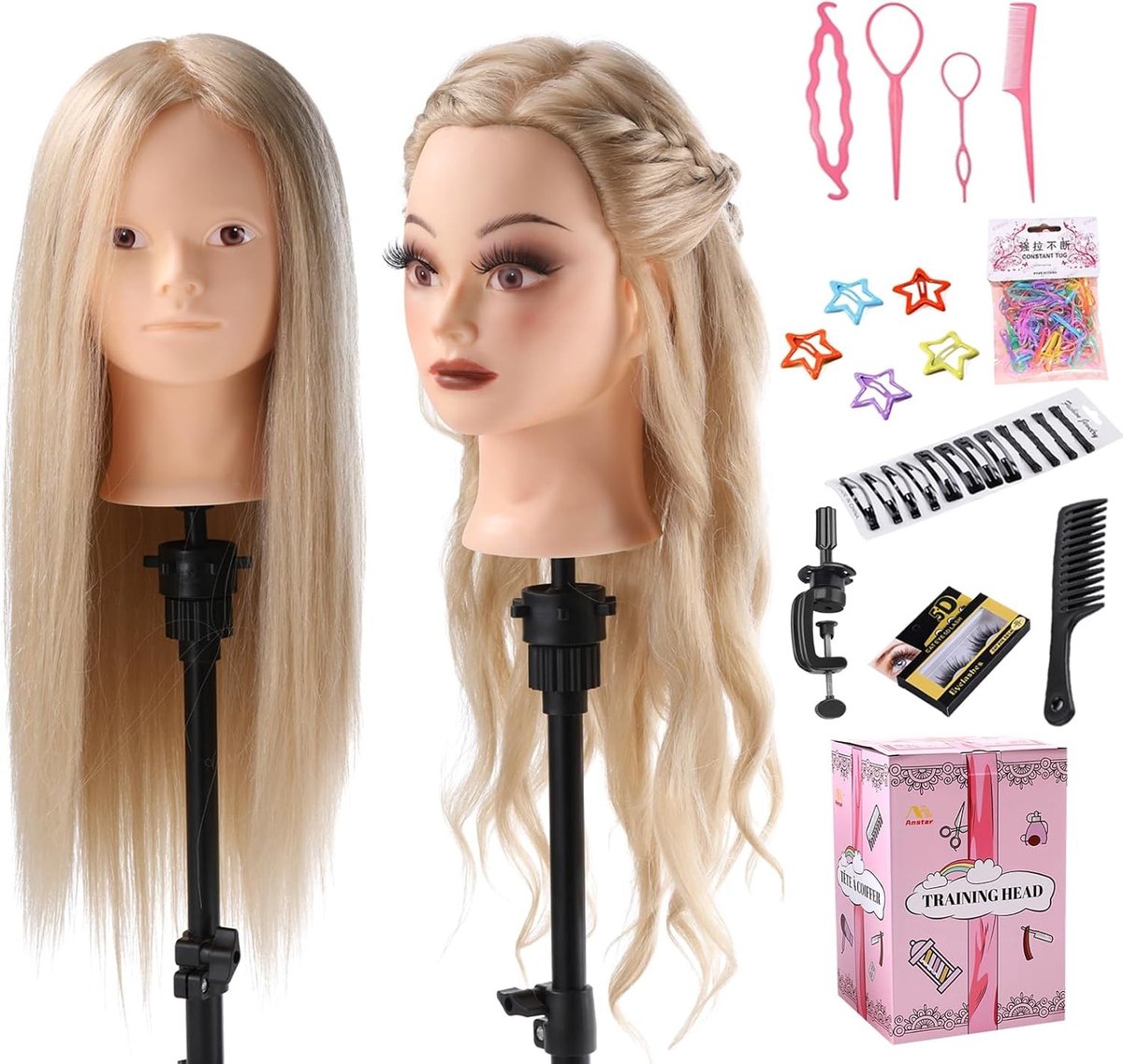 Oefenhoofd voor Kappers met 70% Echte Haar, 24 Inch, Inclusief Houder en DIY Haarset voor Hairstyling en Make-up Training