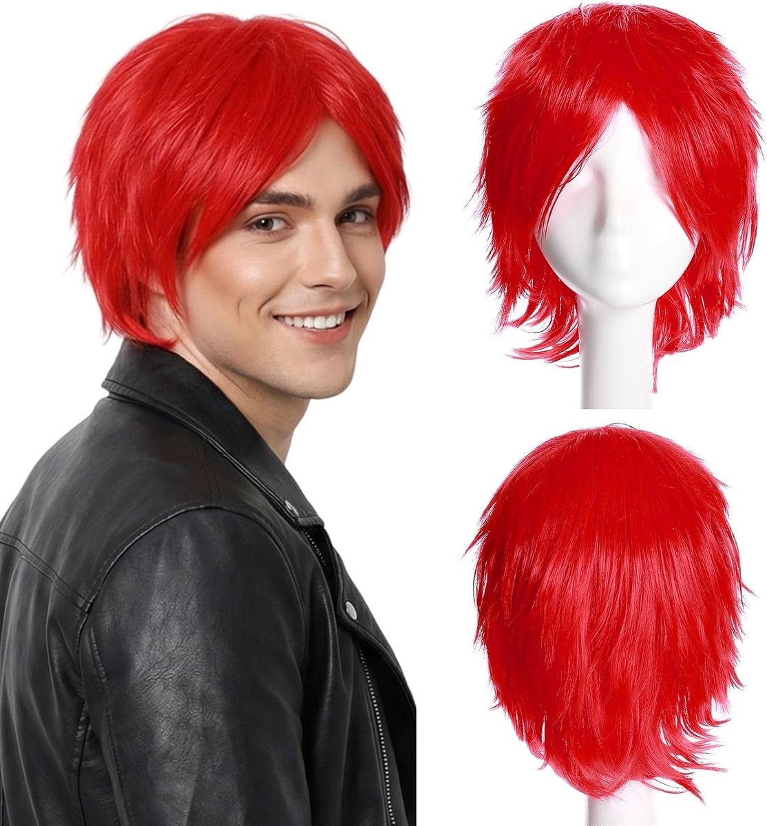 Unisex Korte Gladde Cosplay Perucque voor Anime Kostuum en Feest, Rood Haar voor Mannen en Vrouwen