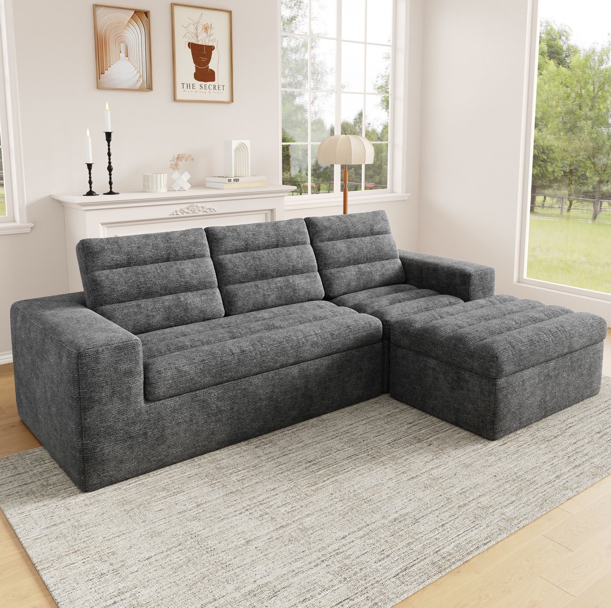 COVREO Hoekbank 253x161x89 cm lichtgrijs, chenille met losse modules