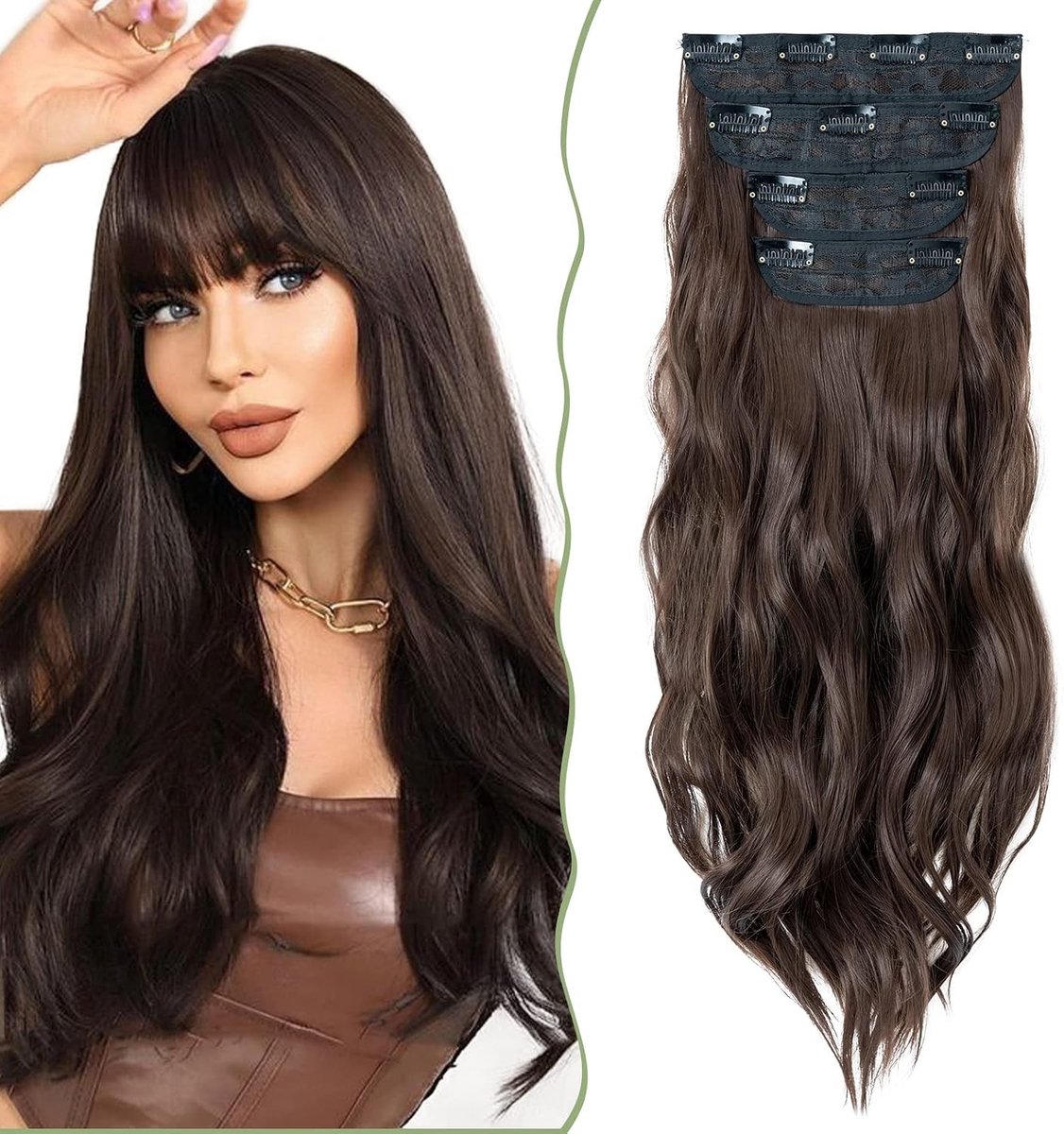 Wavy Haar Extensions Clip-In voor Volumineuze Krullen, 55 cm, Medium Bruin, Goedkope Haarstukjes voor Volle Hoofdlook