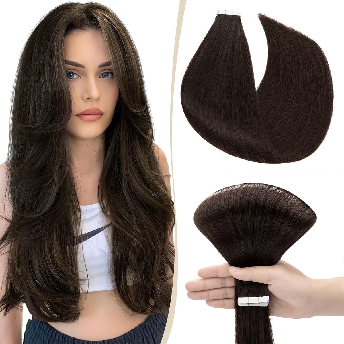 Echthaar Tape Extensions 10 Tressen Klebeband 25g Haarverlängerung 56cm Donkerbruin 100% Remy Haar voor Volumineuze Styles