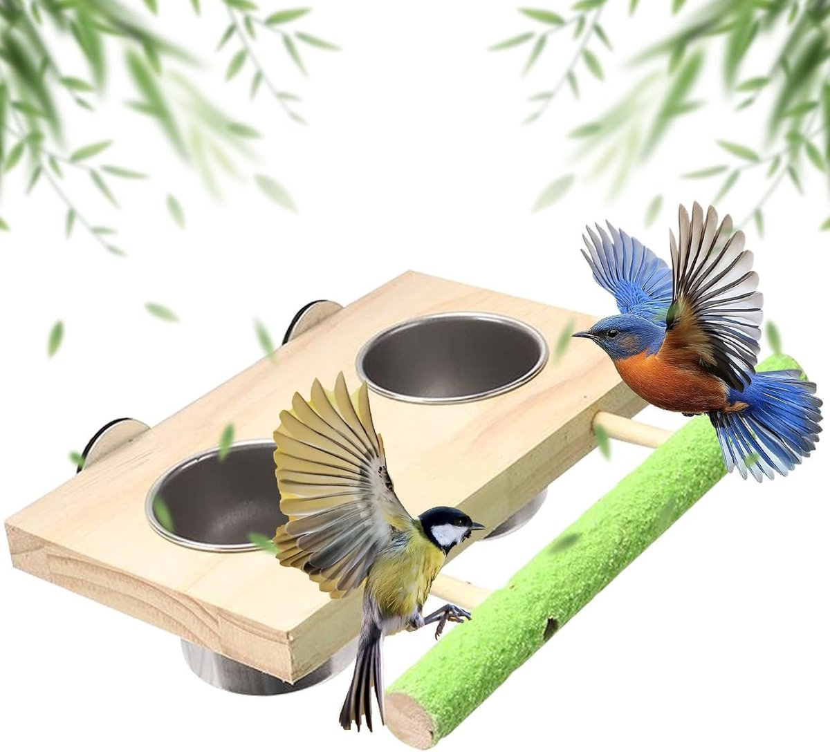 Multifunctionele Voederbak voor Vogels met Stalen Bekers, Houten Zitplaats en Waterbak - Geschikt voor Papegaaien en Parkieten